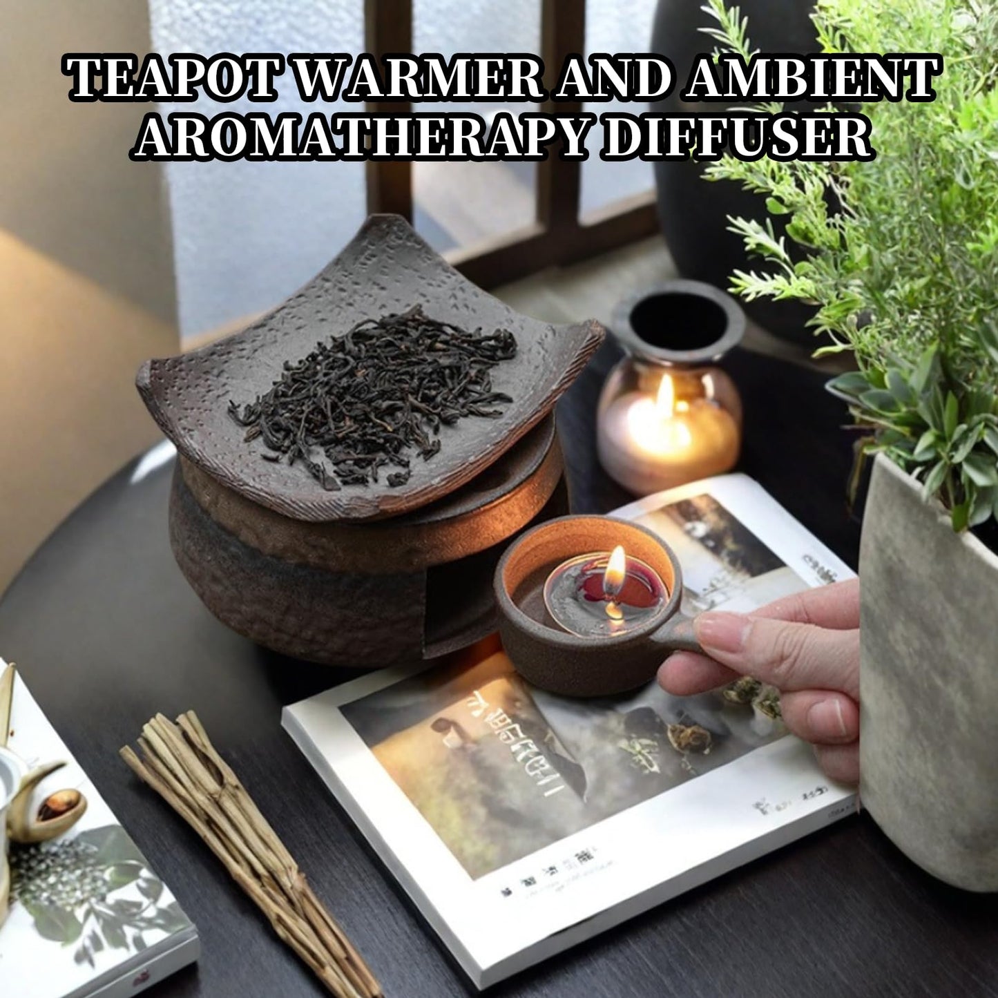 Candle Warmer Lamp, Ceramic Aromatherapy Diffuser, Wax Warmer for Scented Wax, Includes Wooden Clips and Pads & Pine Wood Base for Meditation, Yoga, Home & Office Décor