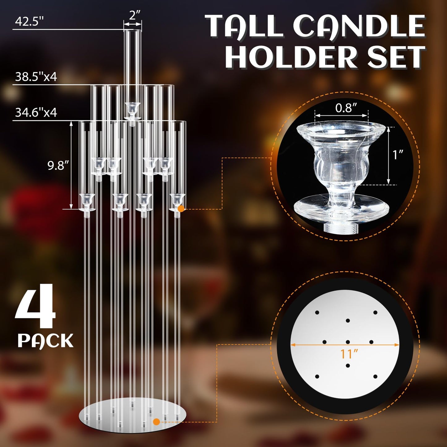 Tessco 4 Pcs 9 Arm 42.5" Acrylic Candelabra Table Centerpiece Floor Candelabras Clear Candle Holder with Removable Lampshade Wedding Candelabra Centerpiece Fit 0.8 LED