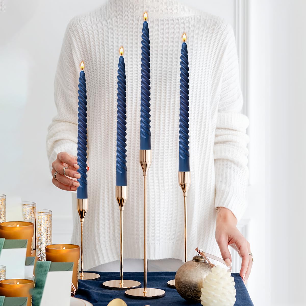 6 Pack 10 Inch Navy-Blue Spiral Taper Candles for Hanukkah and Winter Home Decoration, Unscented Dripless Twisted Candlesticks for Dinner Beach-Themed Decor Relaxation and Meditation