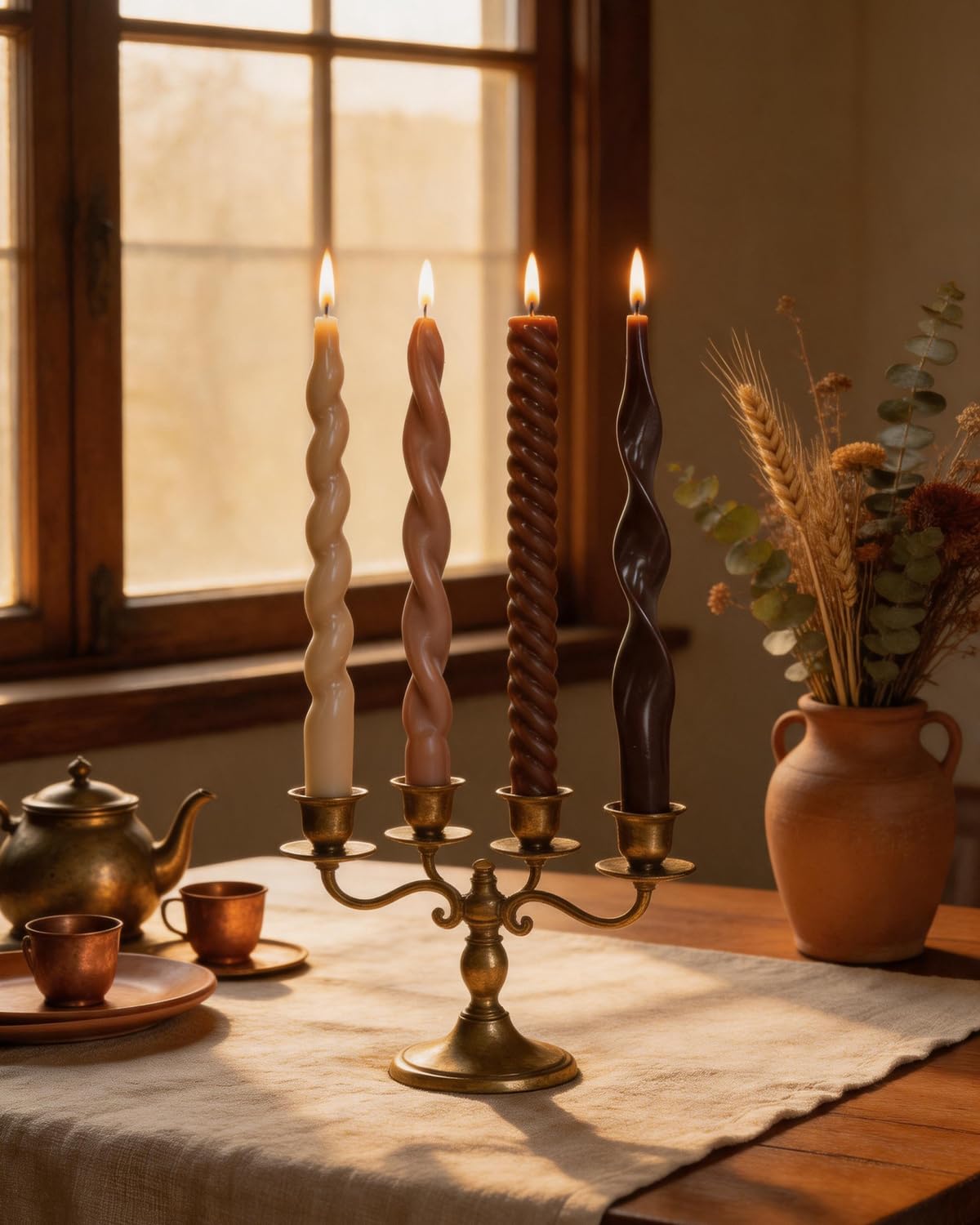 Brown Taper Candle Stick Spiral Taper Candle for Wedding Party Fall Decoration Home Dinner Decoration Unscented Candles,10inch,4 Pack
