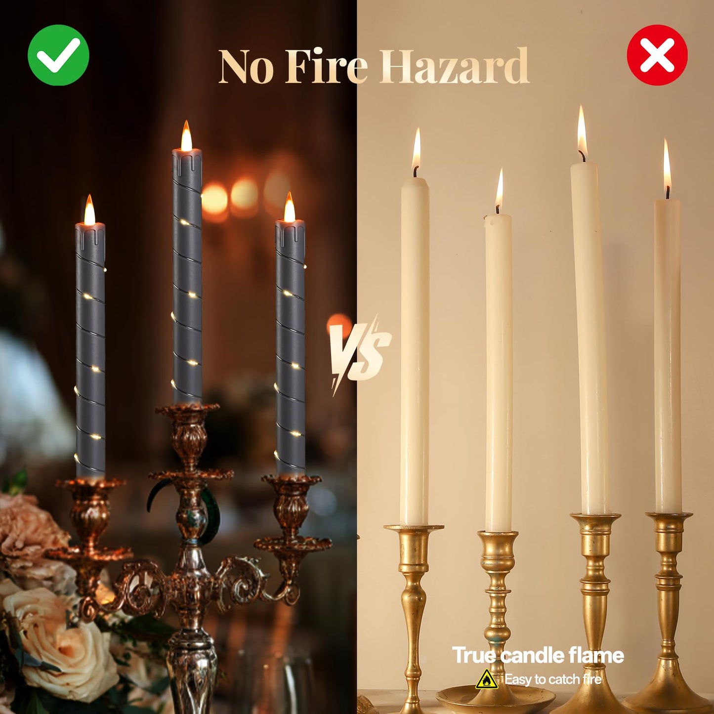 Rlojru 3PCS Flameless Taper Candles Grey Black Battery Operated, with Embedded Fairy String Lights, LED Flickering Flame Candle, Remote Control,Timer for Wedding, Birthday Party, Prom, Home Decoration