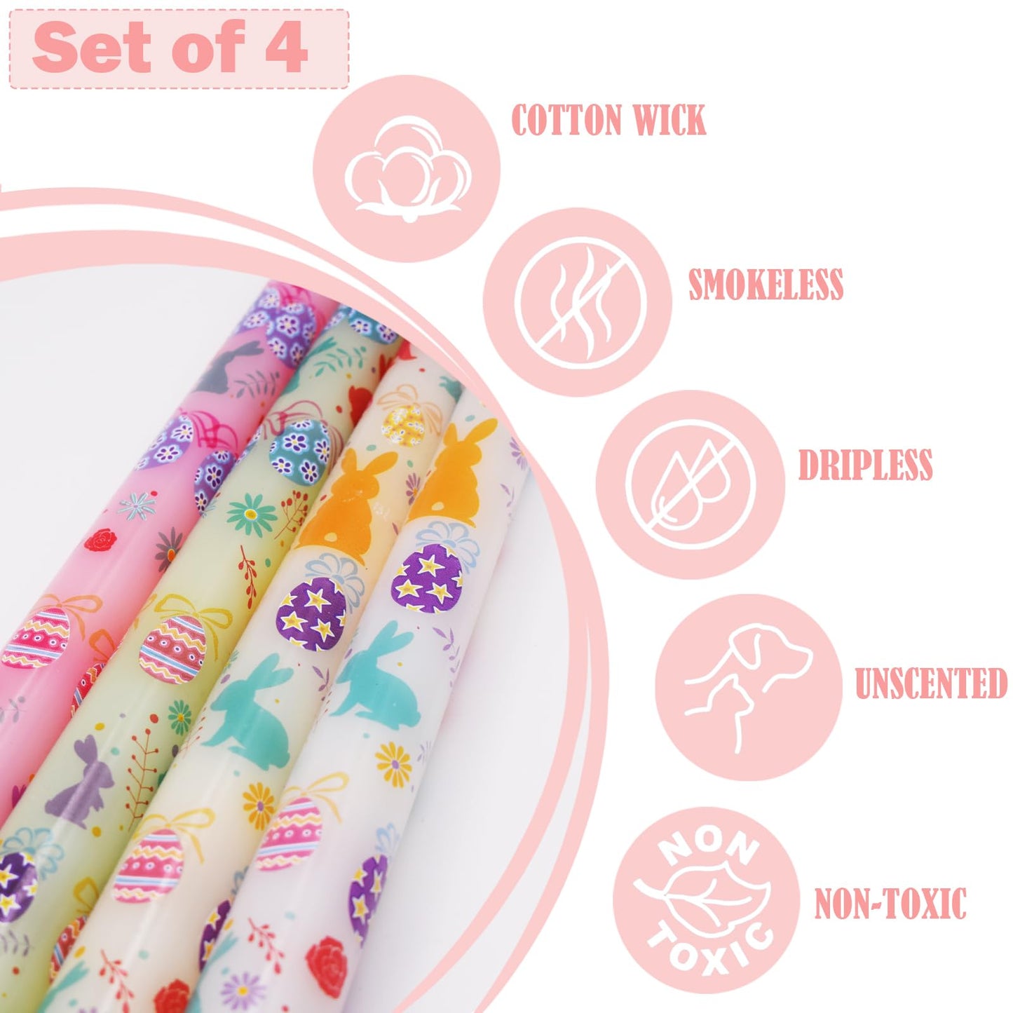 FYBW 4 Pack Easter Printed Taper Candles, 10" Long Decorative Candles with Spring Bunny & Egg Design Decorative Candles for Easter Table & Home Decor