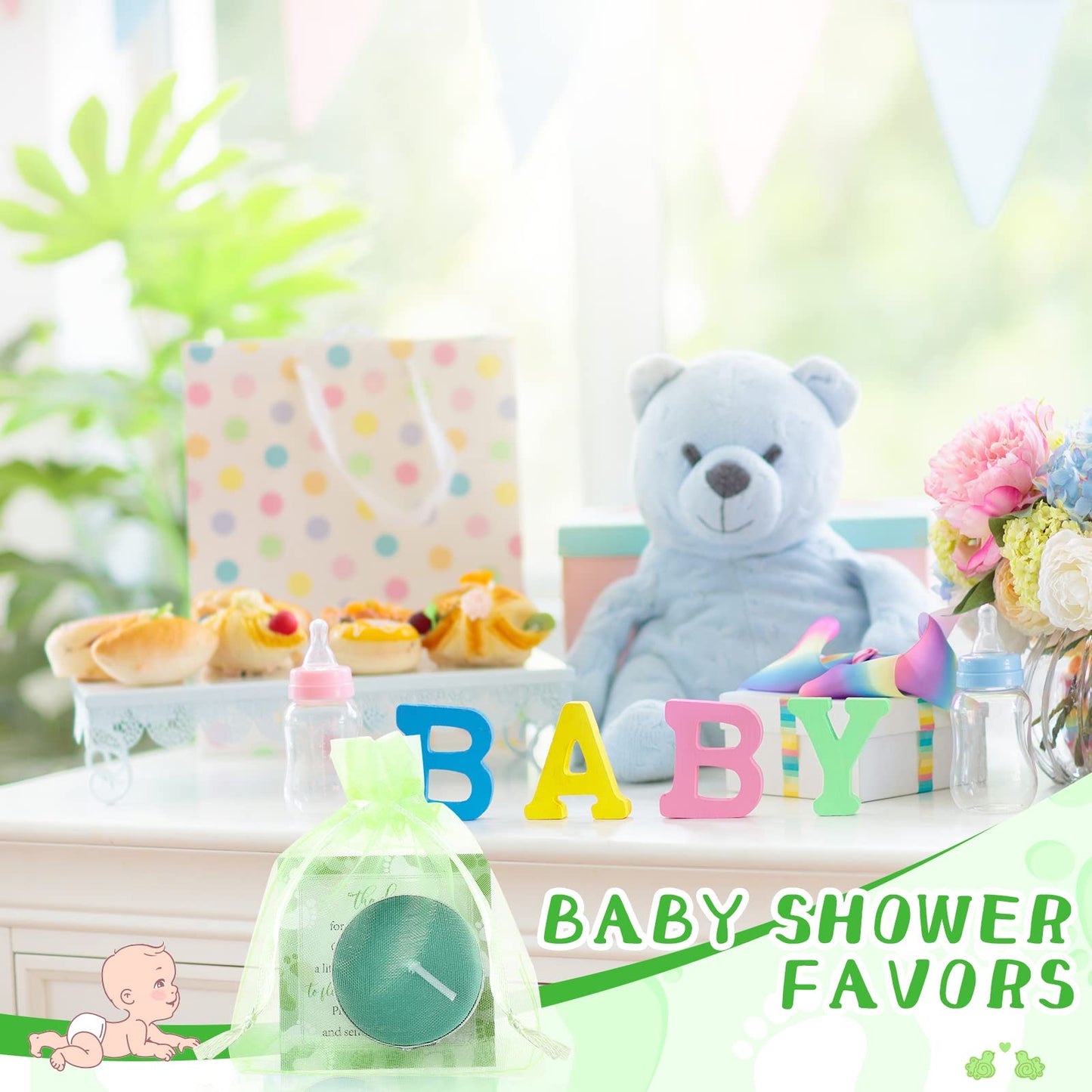 50 Sets Baby Shower Party Favors Including 50 Pcs Unscented Tealight Baby Shower Candles Gift Bags Cards for Gender Reveal Party Supplies(Green)