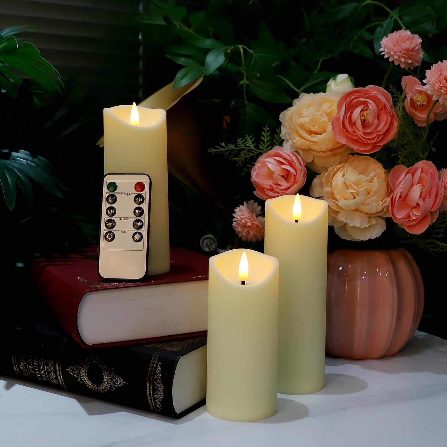 Aamdkcyu 24 Pack Flameless LED Pillar Candles with Remote - Battery Operated Ivory Candles, Waterproof, 3 Sizes for Wedding Centerpieces, Christmas Decor, Home Party, Tabletop Lighting
