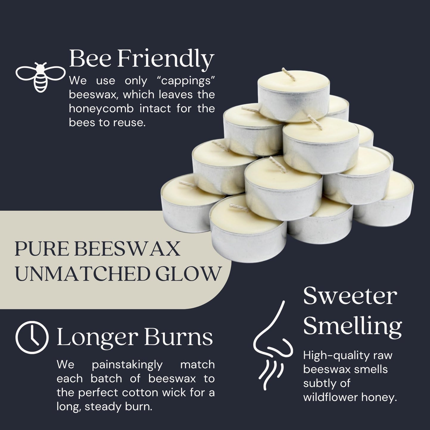 Bluecorn Beeswax Tea Light Candles, 100% Pure Natural Bees Wax, White Tea Lights in Metal Cups, Fragrance Free, Paraffin & Soy Free Candle Wax, Clean Burning, Long Lasting, American Made, 24 Pack