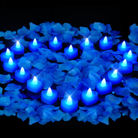 Amagic 4000 Pieces Blue Artificial Rose Petals with 50 Blue Heart LED Tea Lights, Rose Petals and Candles Set for Proposal, Anniversary, Romantic Night, Wedding Decor