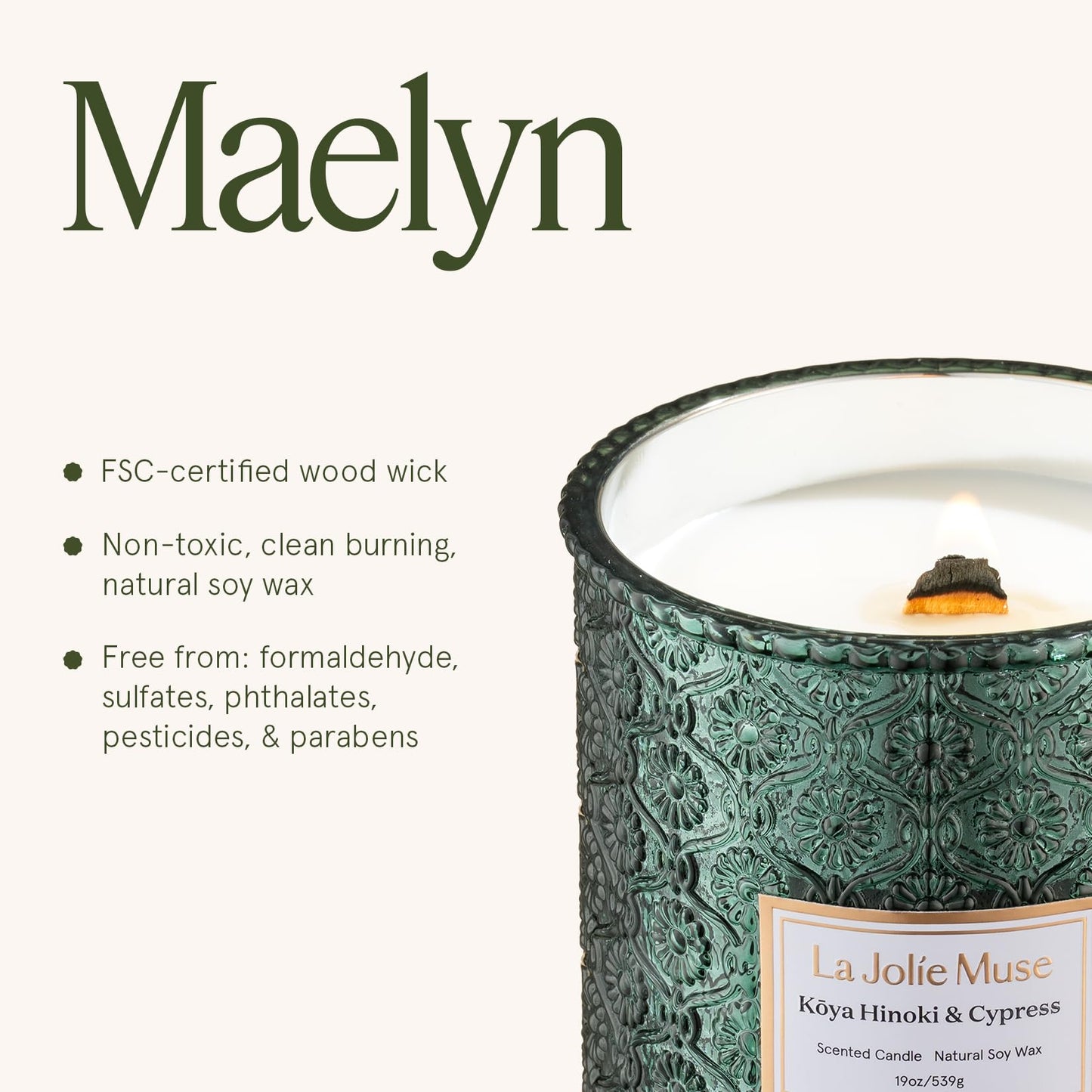 LA JOLIE MUSE Kōya Hinoki & Cypress Candle | Pine, Hinoki & Cedarwood | 19 oz Wooden Wick Soy Candle | 90-Hour Burn | Daily Relaxation & Cozy Ambiance