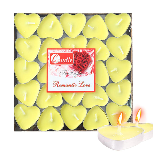 Heart Shaped Tealight Candles 50 Packs,25 * 2 Layers Romantic Love Unscented mokeless for Dinner Home Wedding (Yellow)