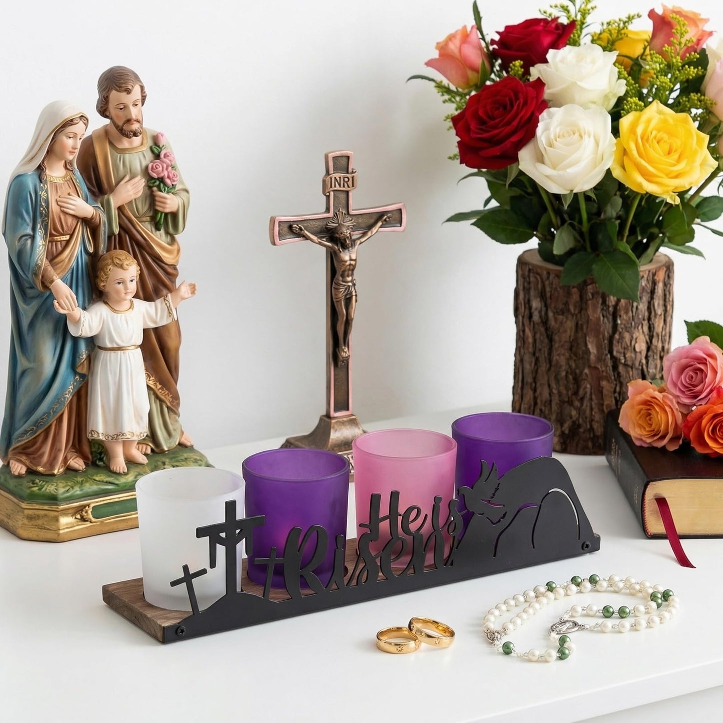 SYFURNIX He is Risen Easter Decor, 4 Glass Votive Tealight Candle Holders & 1 Wooden Tray, Easter Religious Decor for Church Event Pray Table Centerpiece, Christian Gift