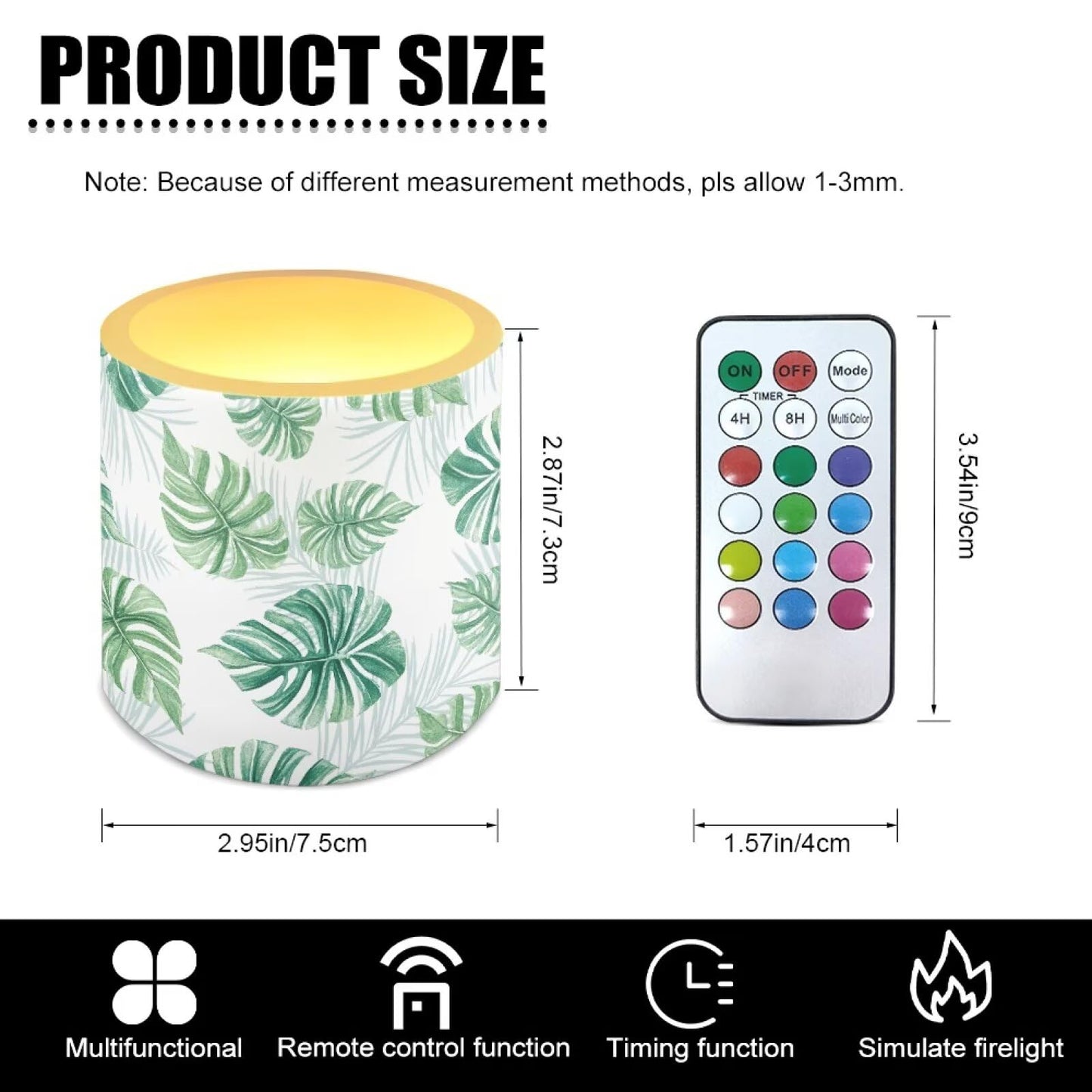 NETILGEN 3 inch Realistic Flickering Flameless Candles with Timer Remote Control 4 Packs LED Battery Powered Candles for Home Decoration Tropical Palm Leaf Print
