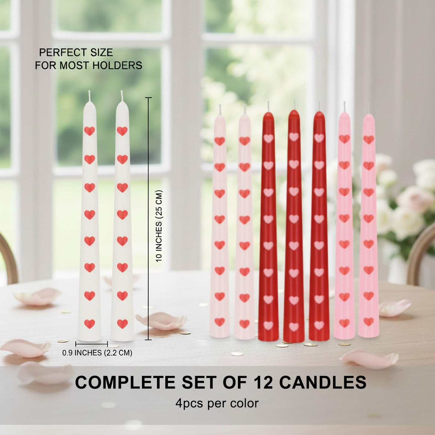 Defresit 12 Pcs Heart Taper Candles 10 Inch Long Decorative Candlesticks Romantic Red Pink White Unscented Candles for Valentine’s Day Wedding Anniversary Dinner Table Home Decor