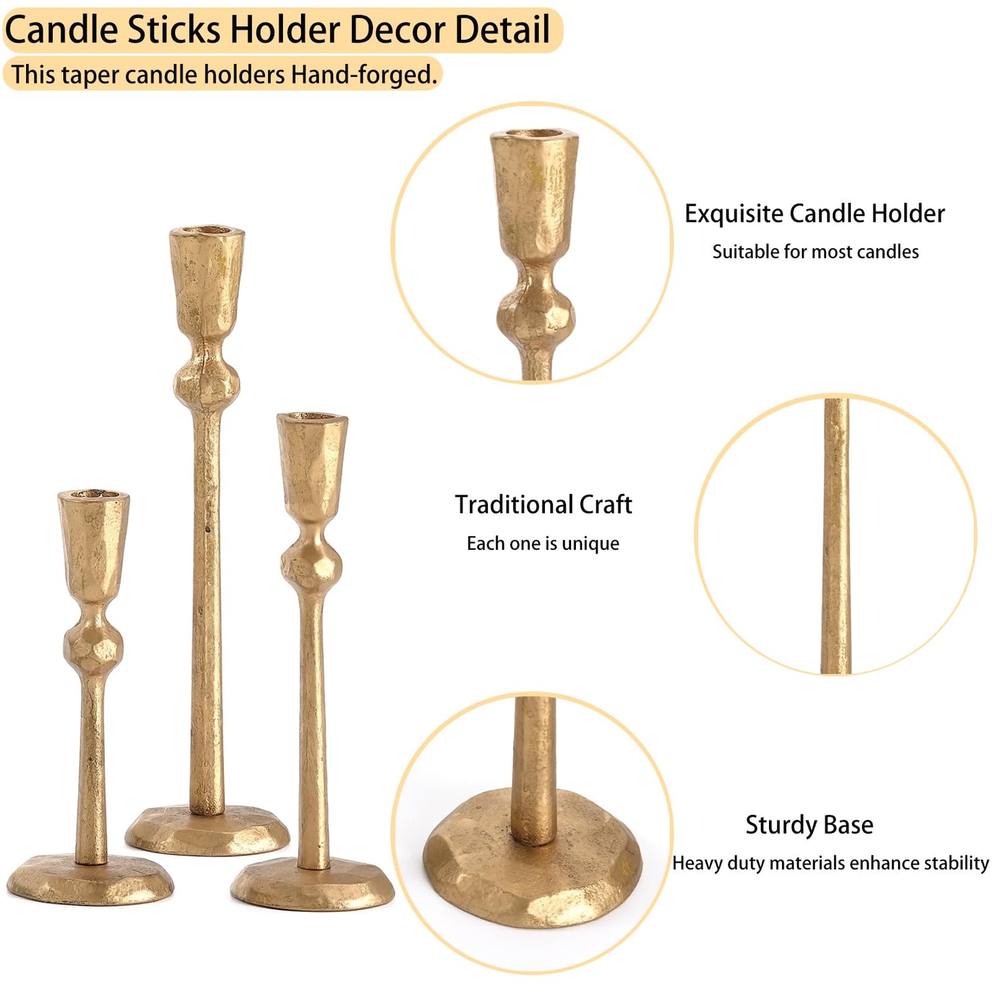 Wenbery Gold Taper Candle Holders Set of 3, Heavy Candlestick Holders Decorative Candle Stand for Table Centerpiece, Cast Iron Candle Stick Holder Decor