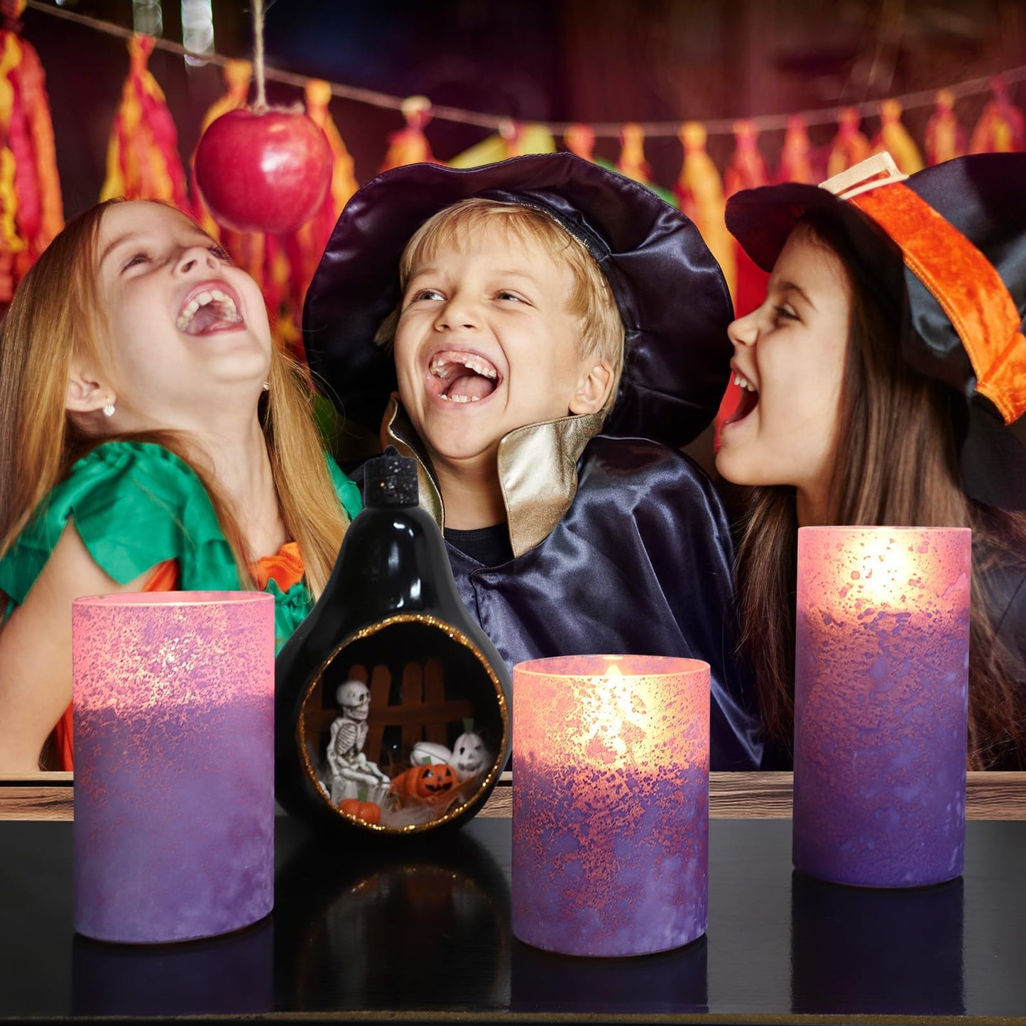 ANGELLOONG Purple LED Candles for Home Decor, Glass Flameless Candles with Remote, Set of 3 Battery Operated Pillar Candle for Fall Halloween Decoration