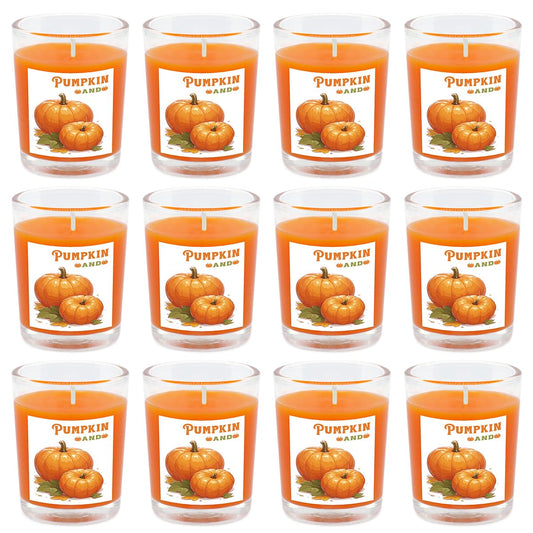 12 Packs Pumpkin Scented Votive Candles in Clear Glass, Natural Soy Wax Orange Colored Fall Harvest Candles for Halloween Thanksgiving Autumn Holiday Home Party Table Decor Stress Relief Spa