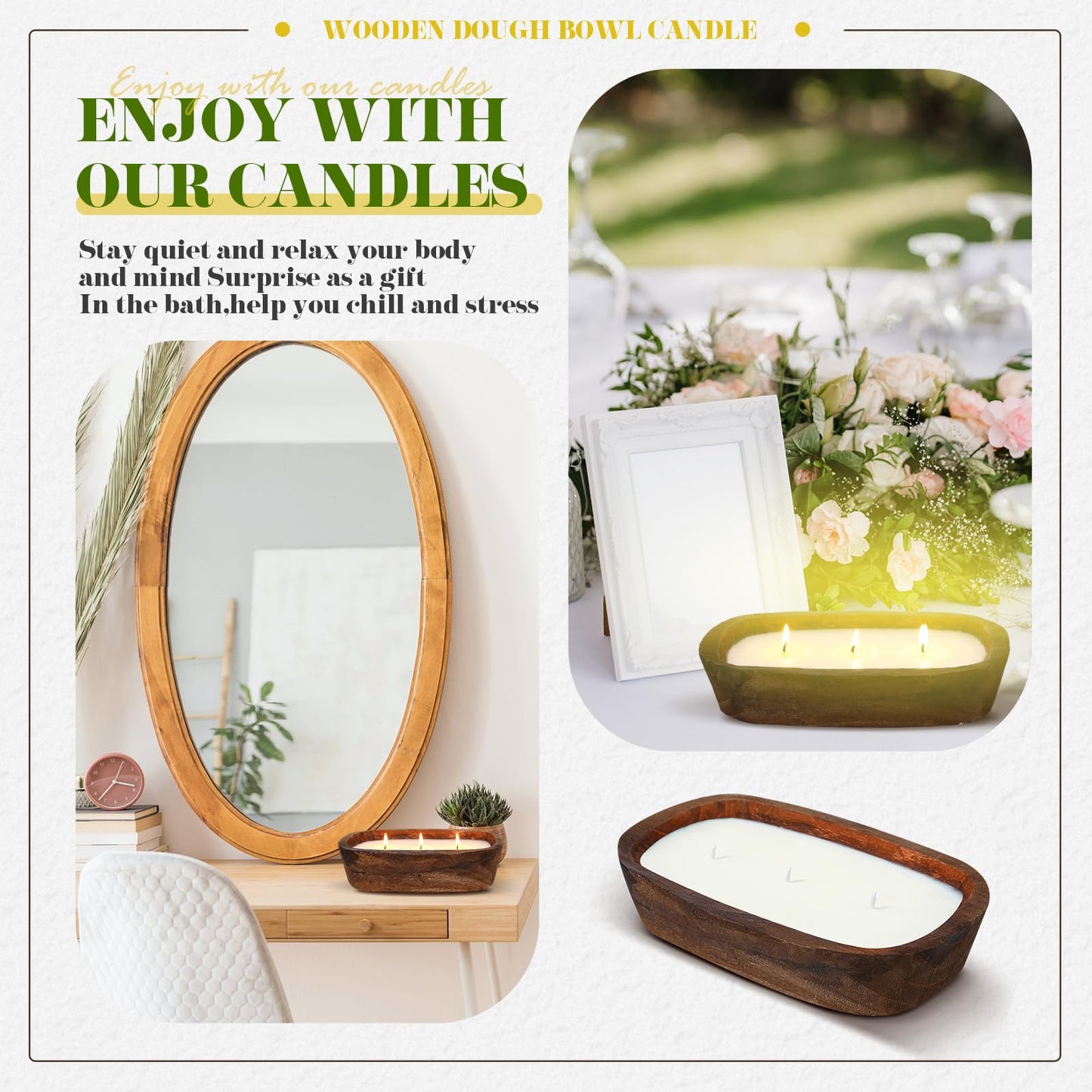 Threlaco 1 Pack 10 Inch Wood Dough Bowl Candles Home Rustic Dough Bowl Soy Candle 3 Wick Scented Candles Gifts for Men Women Farmhouse Table Centerpiece Home Decor for Christmas(Lemon Basil & Citrus)