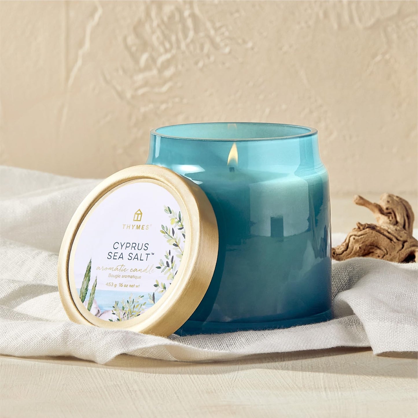 Thymes Poured Glass Jar Candle - Scented Candle for a Fresh Home Fragrance - Aromatherapy Candle in Glass Jar (Cyprus Sea Salt)