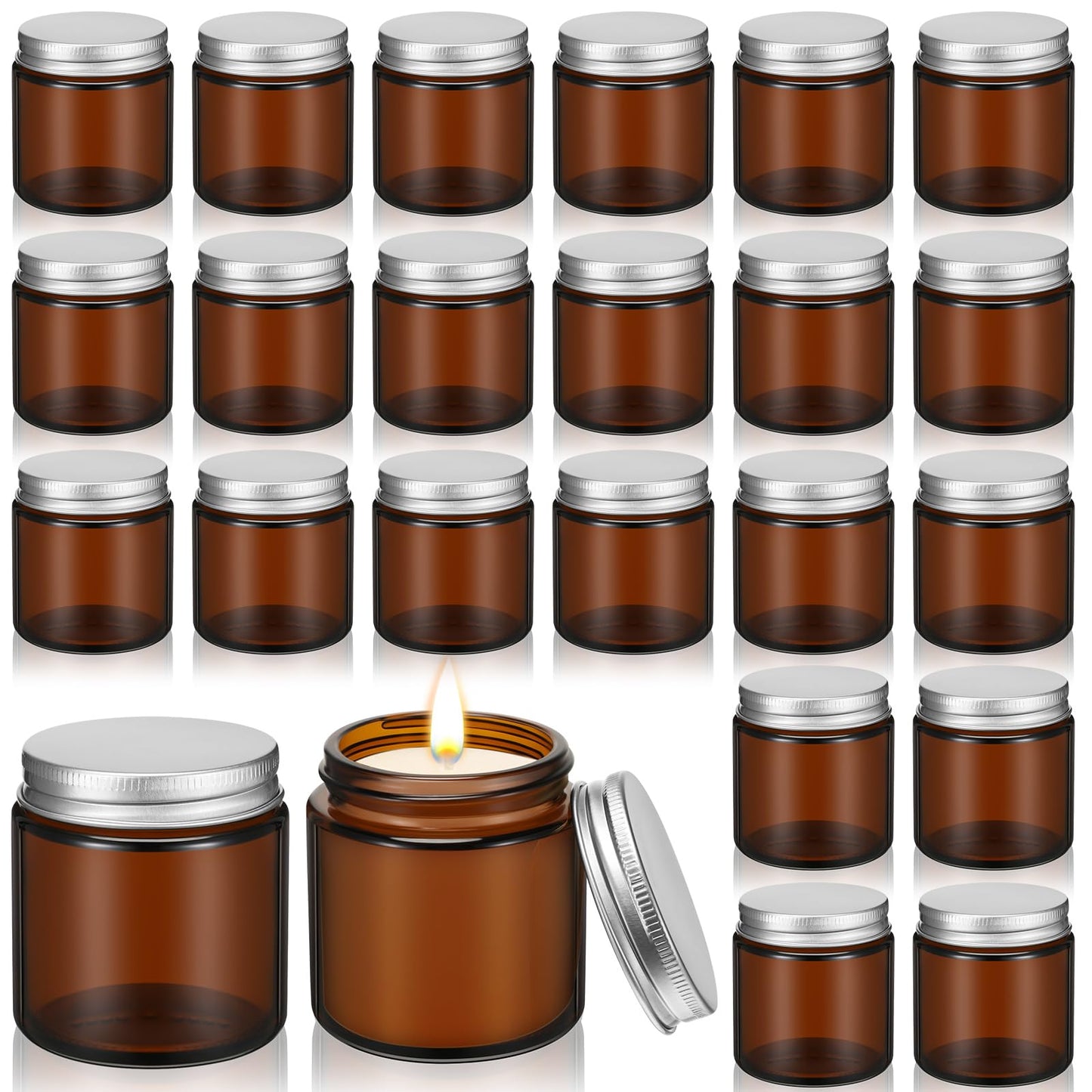 Zhehao 24 Pcs Glass Candle Jars with Lids Bulk, Round Empty Candle Container Tins, Dishwasher Safe and Leakproof DIY Crafts(Amber,Silver,4 oz)