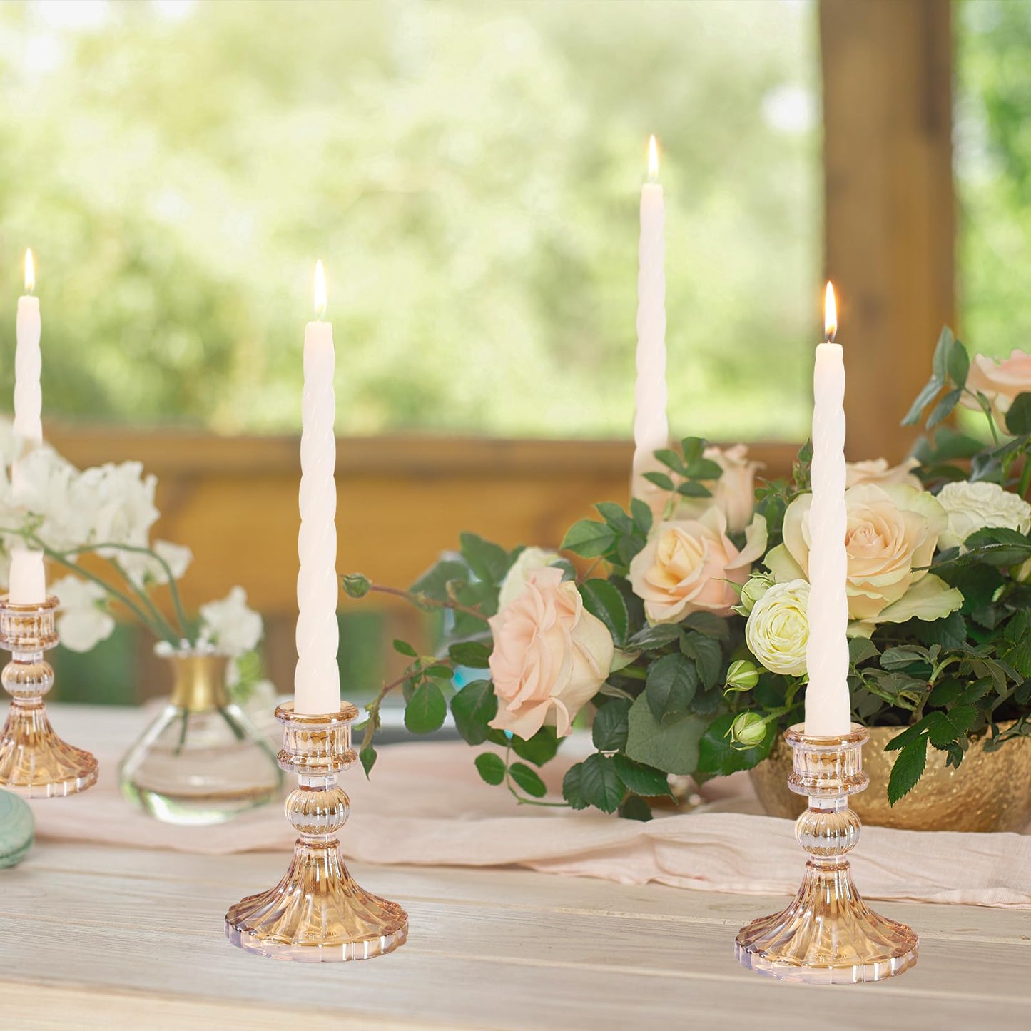 6 Pcs Golden Glass Taper Candle Holders – 4" Ribbed Candlestick Holders for Standard Candles | Elegant Centerpiece for Wedding, Party, Holiday & Home Decor