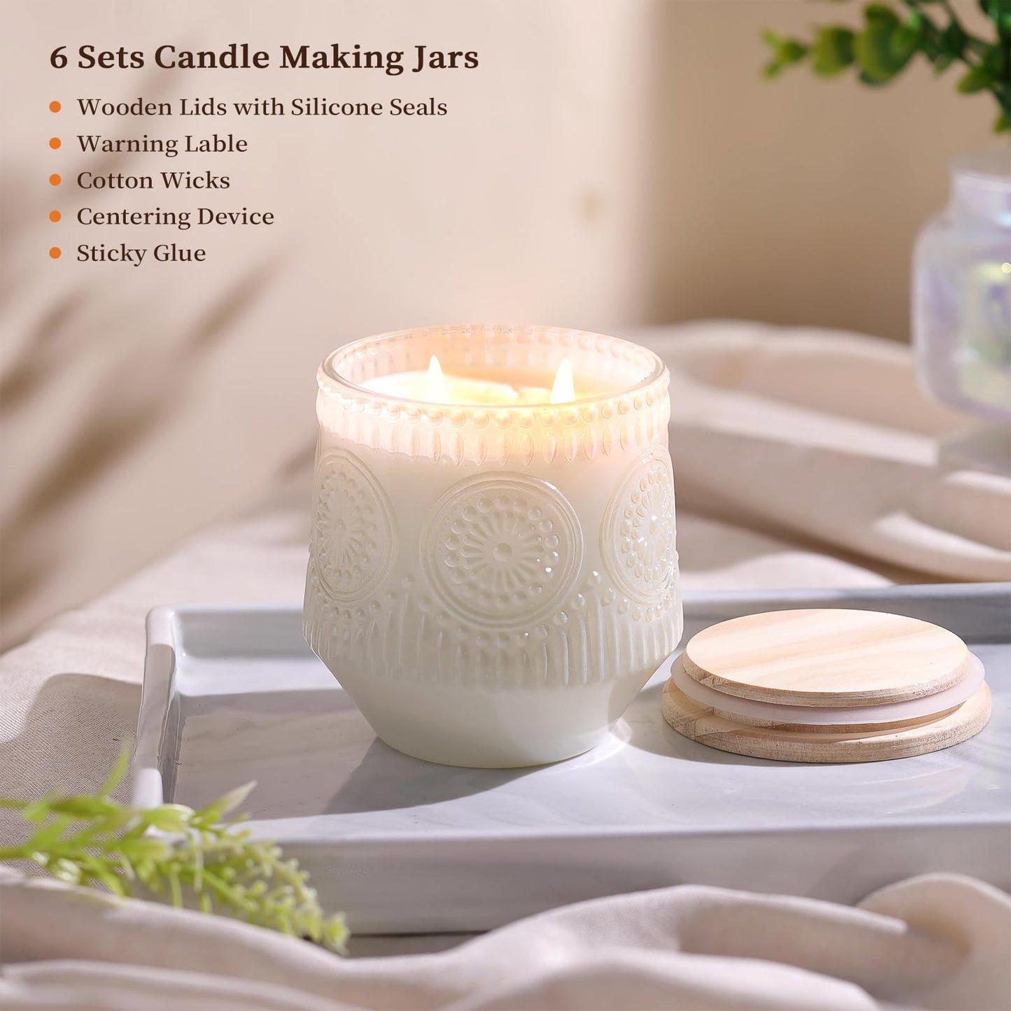 LAMORGIFT 6 Pack Milky White Candle Jars for Making Candles- Large 13.5oz Glass Jars with Wooden Lids and Labels, Empty Candle Jars, Candle Containers Vessels for Candle Making Supplies