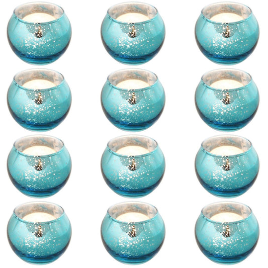 TIDTALEO 12pcs Glass Candle Cups with Blue Speckle Decorative Hollow Candleholders for Home and Hotel Table Centerpiece