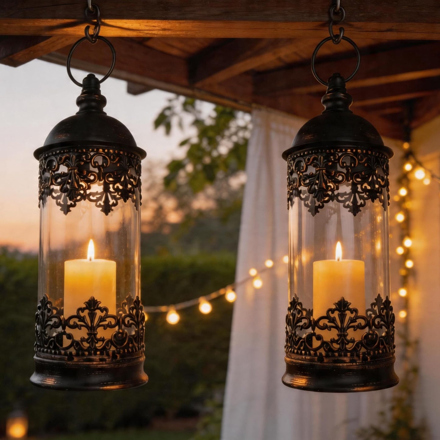 HiSnug Candlestick Holders with Flameless Candles - Gothic Vintage Hurricane Candle Holder, Portable Wind Lamp Barn Lantern Suspended Candleholders for Table Shelf Balcony Eaves, 2PCS, S+L, Black