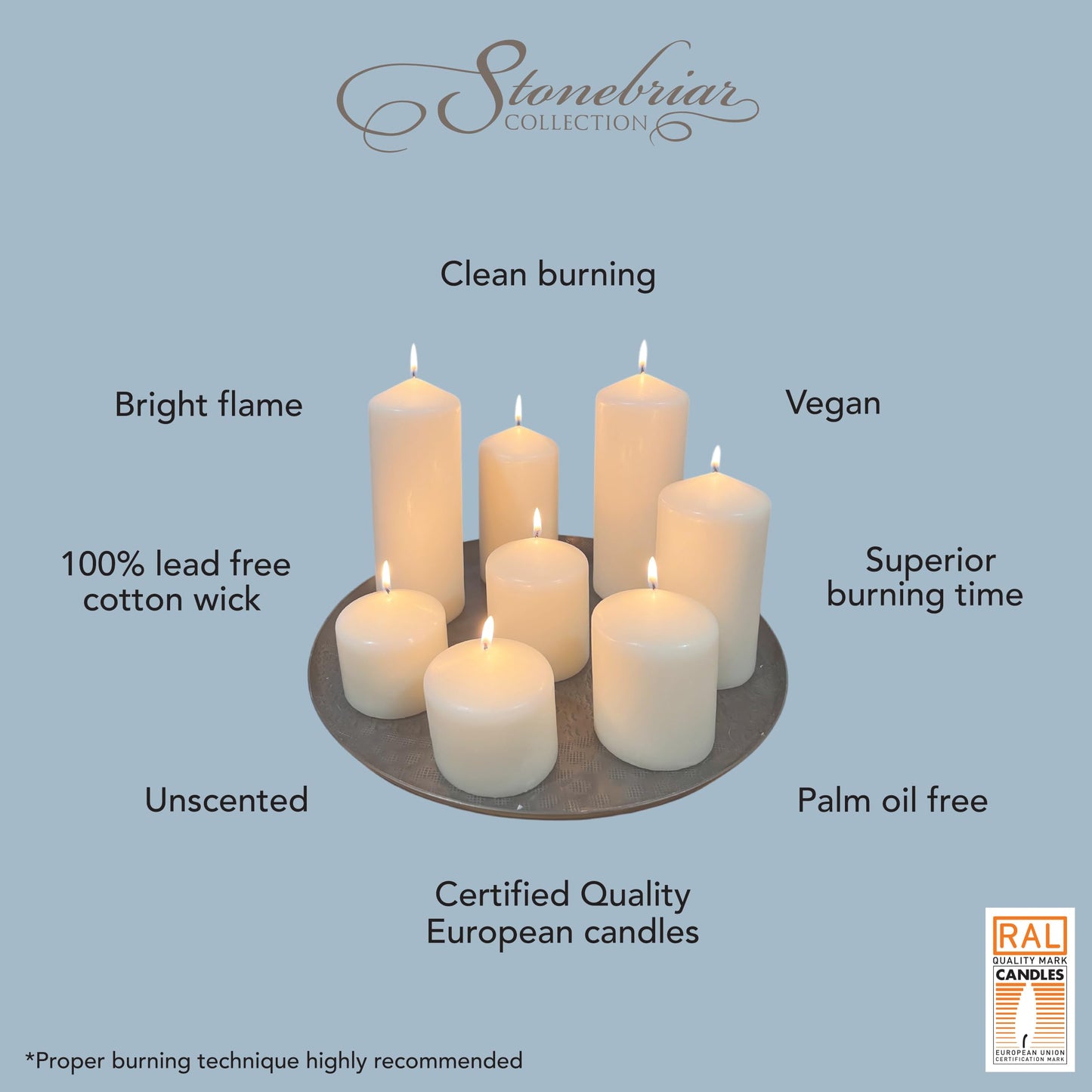 Stonebriar Unscented Pillar Candles – 80 Hour Burn Time, Long-Lasting Wax Candles for Weddings, Holidays, Home Décor & Special Events, Pack of 3, Ivory, 3" x 8"