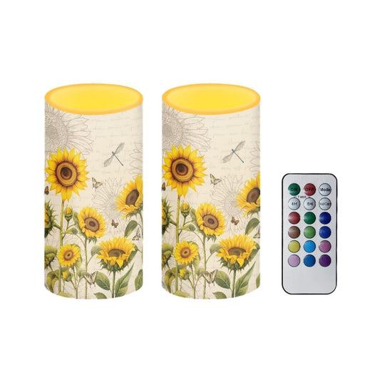 NETILGEN Flameless LED Candles Battery Powered with Realistic Wick Flickering Flame Effect with 4H 8H Timer Remote Color Changing for Home Party Holiday Decoration, Sunflower Dragonfly Retro