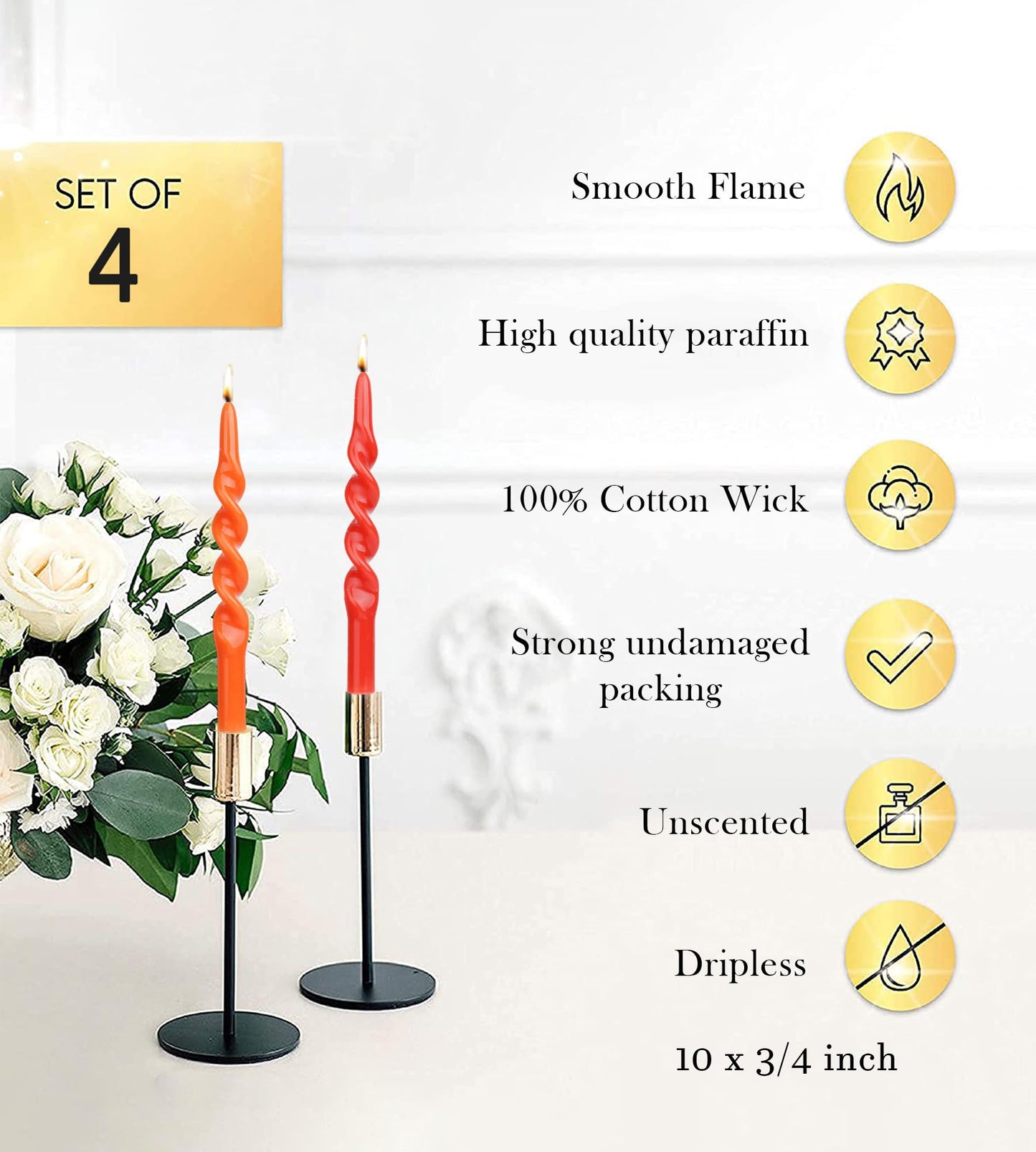LPUSA Orange Spiral Taper Candles Twisted Candle Conical Stick Candles for Holiday Wedding Party Wax Unscented Dinner Candle Dripless,Christmas Gift H 10 Inch, 4pcs（Gradient Orange-B）