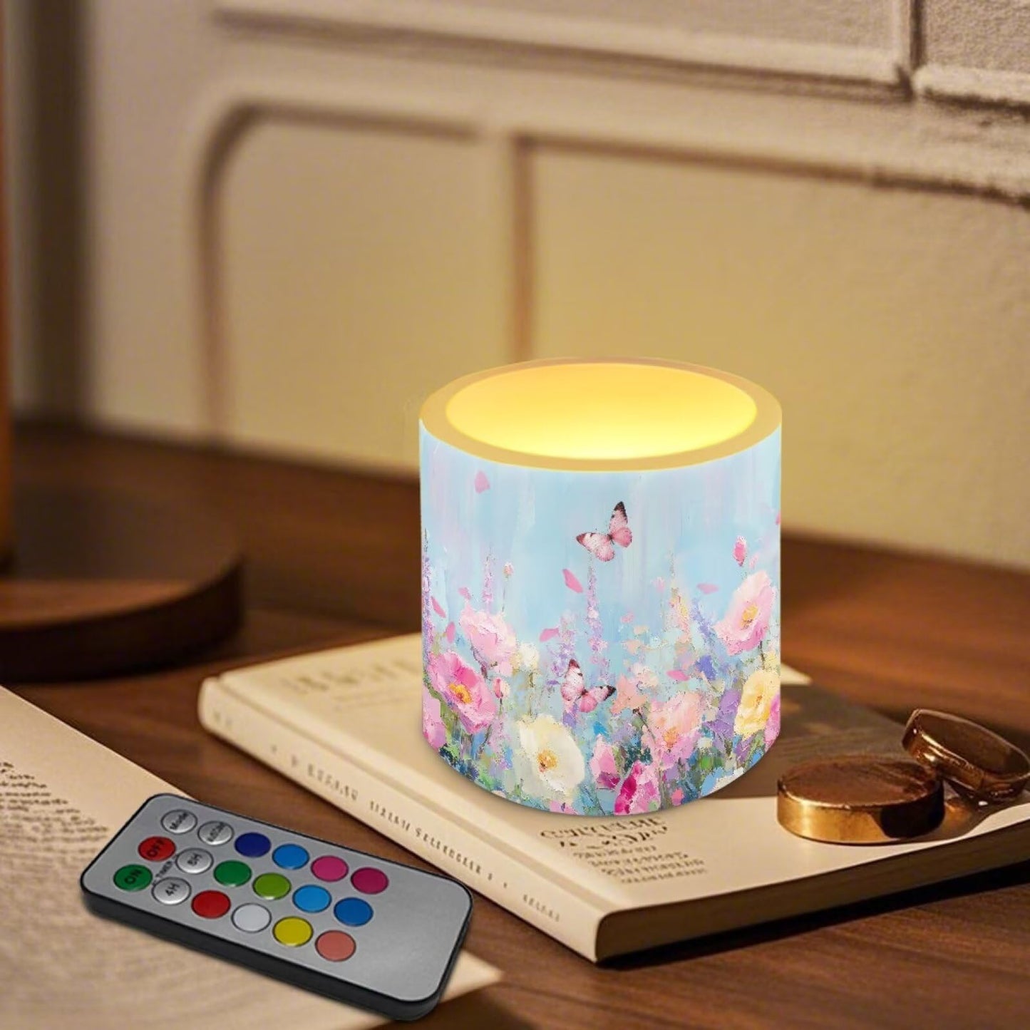 Cozeyat Butterfly Floral Flameless Candles 4 Pack Battery Operated with Remote Control Timer LED Pillar Candles Waterproof for Indoor Outdoor