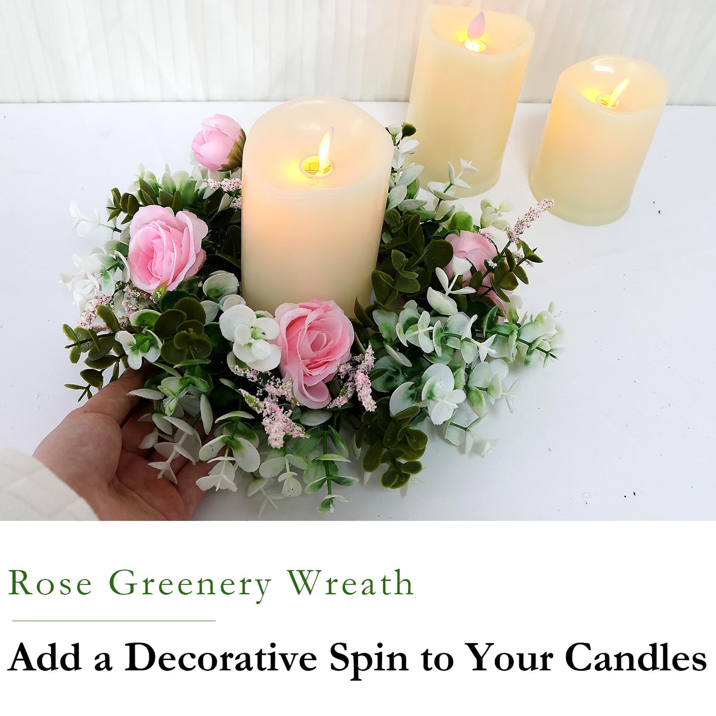 Acmee 4 Pcs Rose Candle Rings - Artificial Pink Floral Wreaths with Eucalyptus Leaves Greenery Garland for Pillar Candleholders Wedding Centerpiece Party Home Table Decor