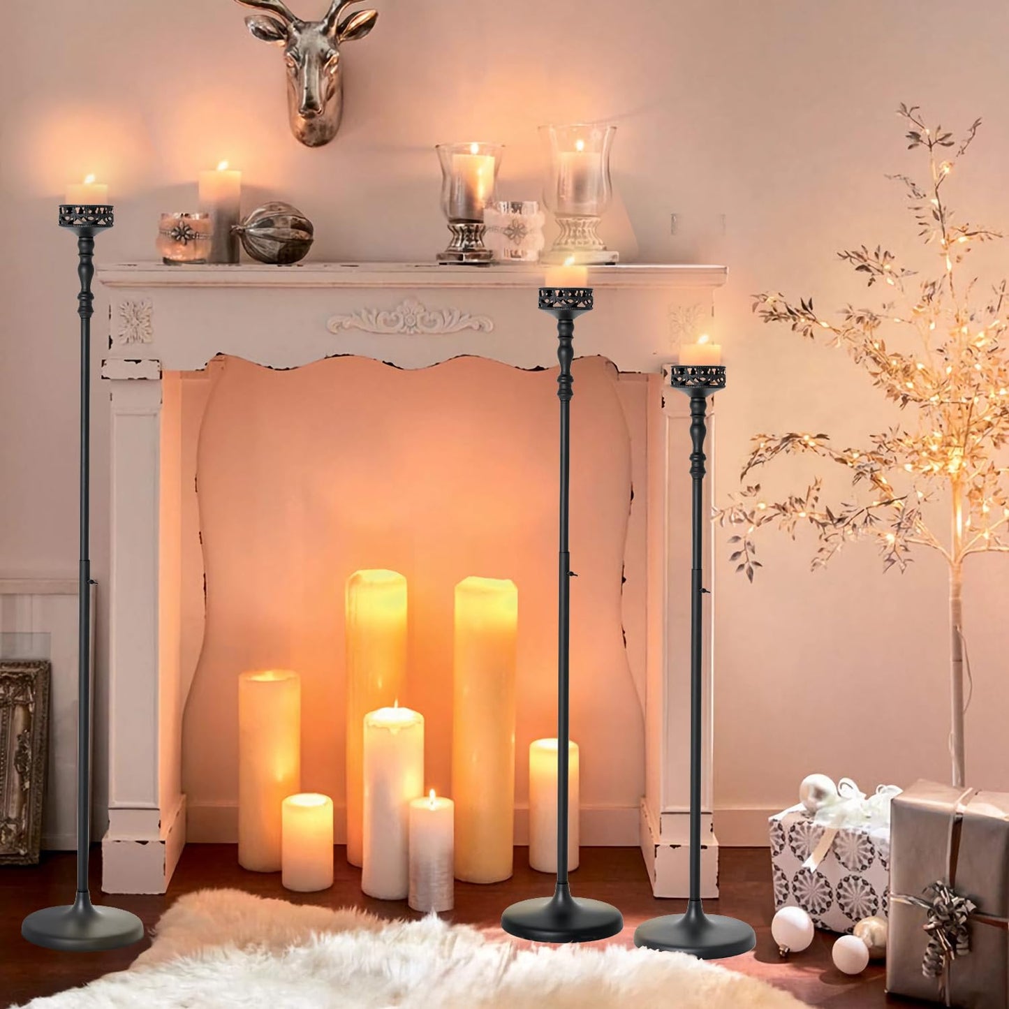 Floor Candle Holder Centerpieces for Tables,3Pcs Black Candle Holder for Pillar Candles Matte Metal Candlestick Set for Wedding Party Home Candles Holder for Ceremony Mantel Decor (Adjustable Height