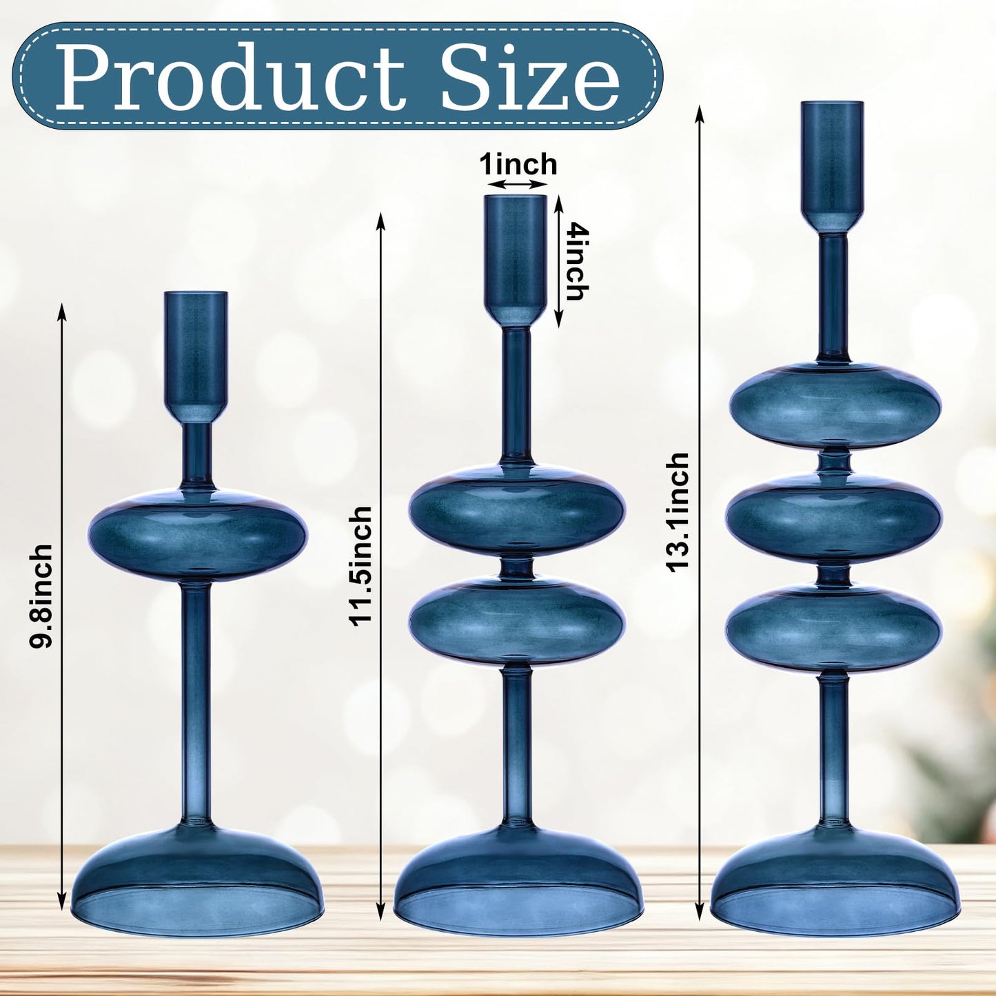 LemonRoad Glass Taper Candle Holders Set of 3, Bubble Candlestick Holders for Table Centerpiece, Elegant Wavy Stacked Geometric Candleholders for Wedding, Dinner, Party, Home Decor(Deep Blue)