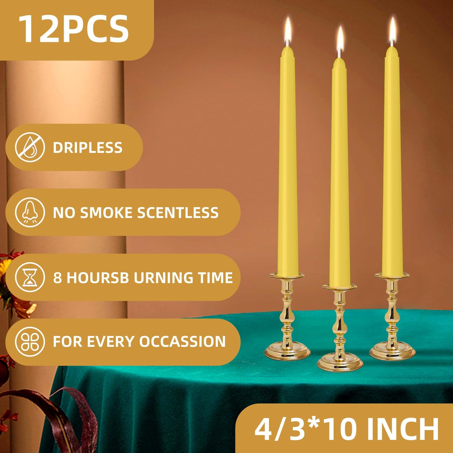 LYOBATH 12 Pack Yellow Taper Candles - Taper Candles 10 Inch Dripless, Smokeless & Unscented - 8 Hours Long Burning - Ideal for Weddings, Dinner Parties, and Home Decor