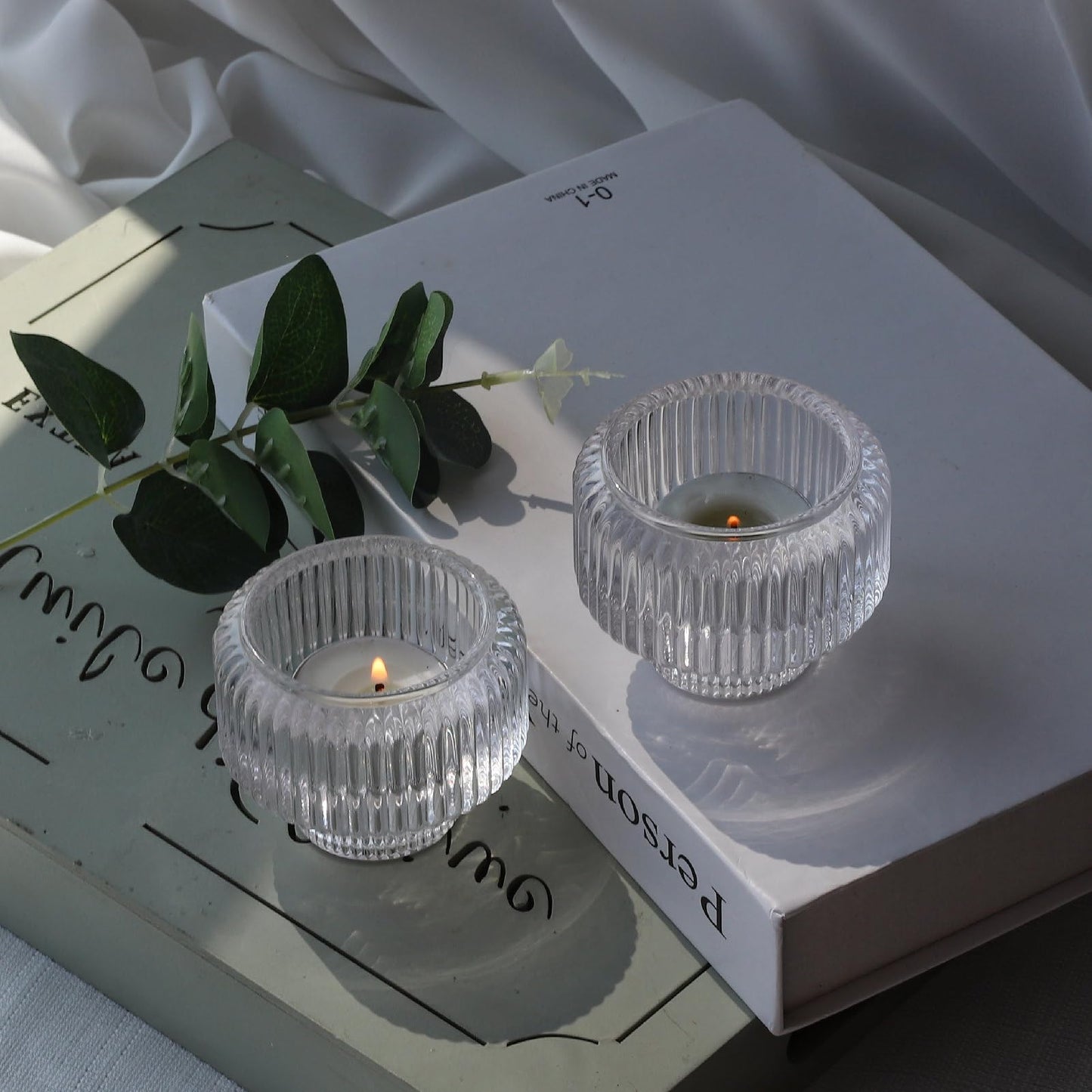 Woho Candle Stick Candle Holder Set of 4, Clear Taper Candle Holders for Wedding Table Centerpiece, Ribbed Glass Votive Candle Holders for Christmas Party Home Decor