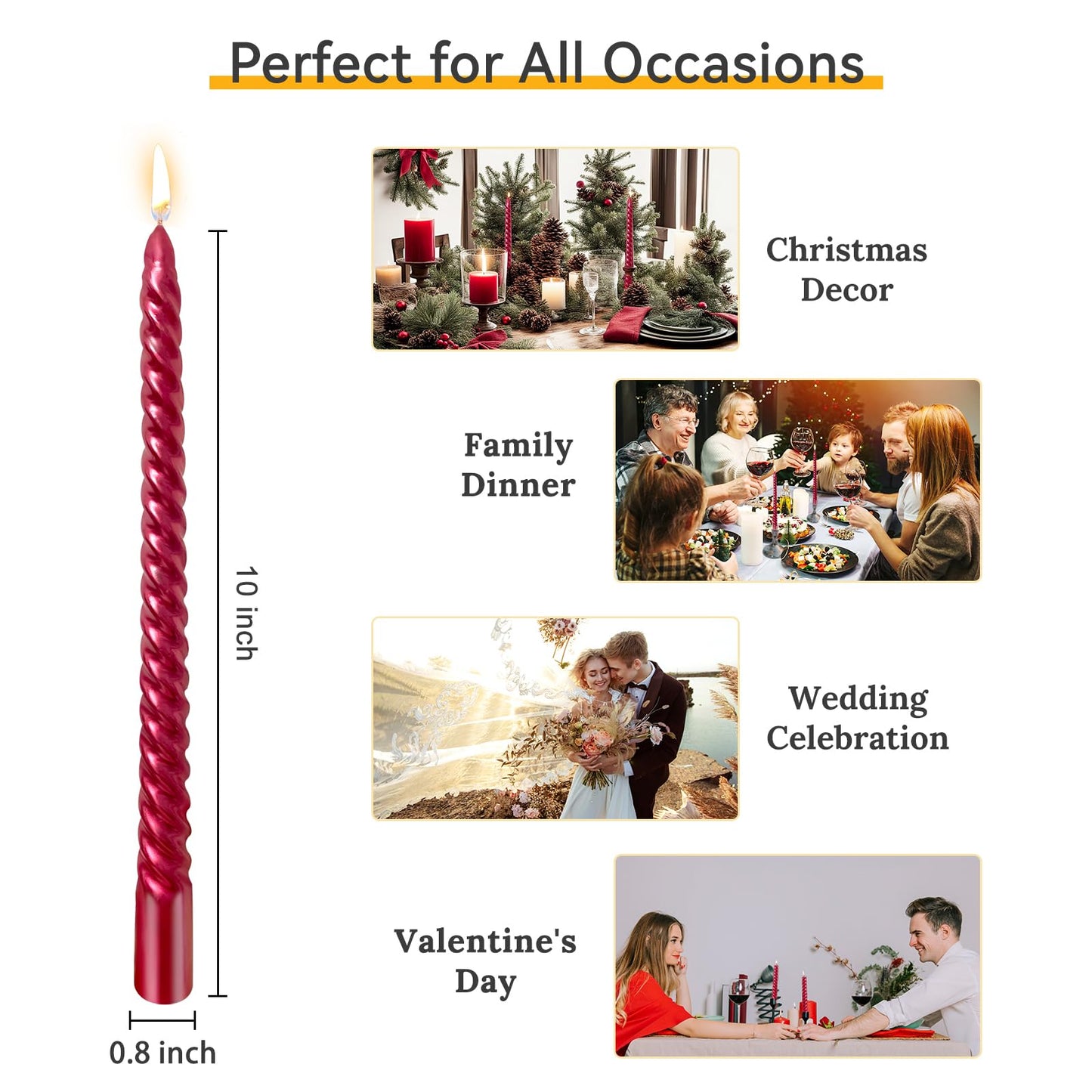 10 Inch Burgundy Spiral Taper Candles Set for Christmas and Valentine's Day, 12 Pack Unscented Red Candlesticks, Dripelss Thin Candles for Wedding Religious and Political Events