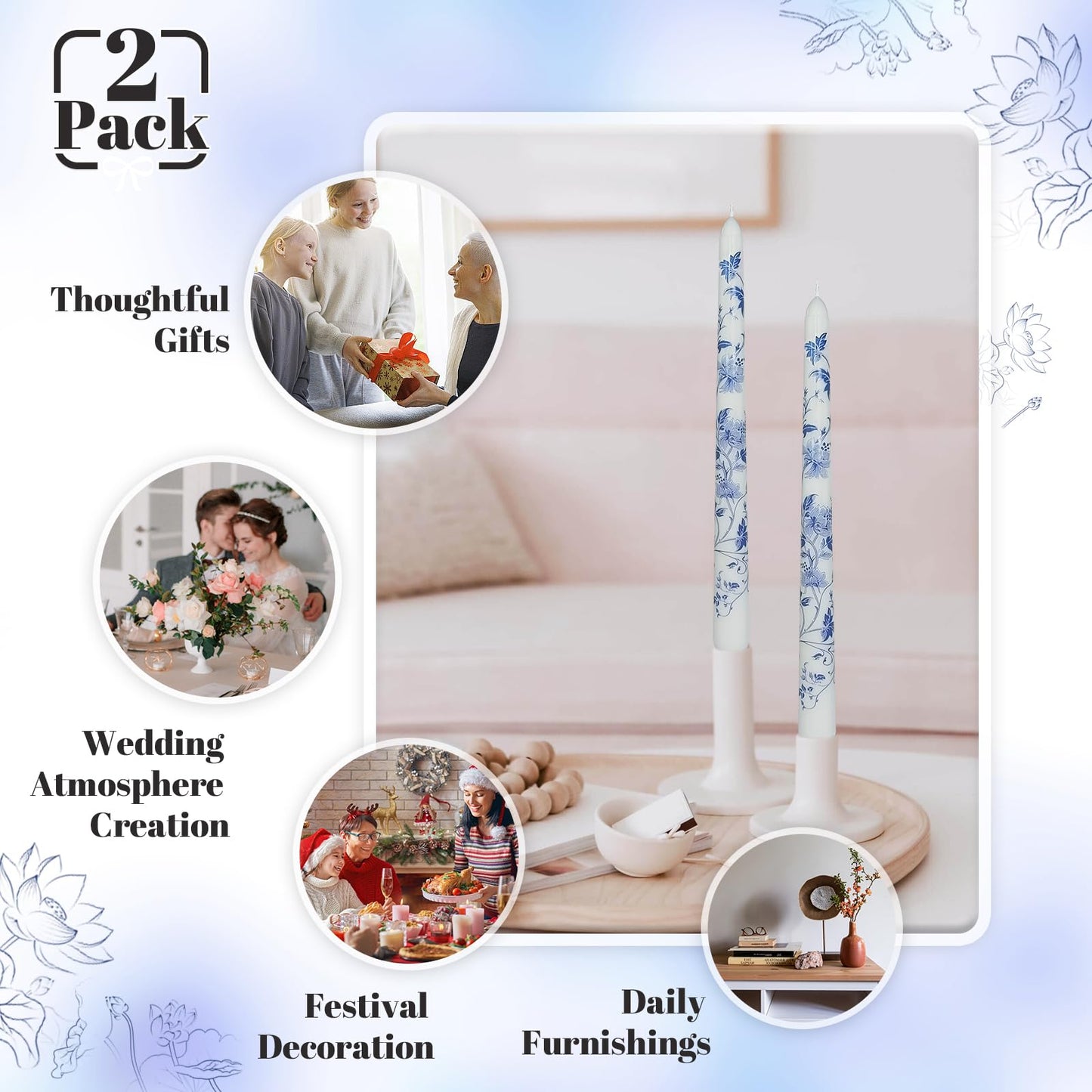 Blue and White Porcelain Taper Candles 10 Inch Print Candle Handmade Unscented Lotus Pattern Long Candles 2 Pack Twisted Candlesticks for Wedding Home Decoration Gifts