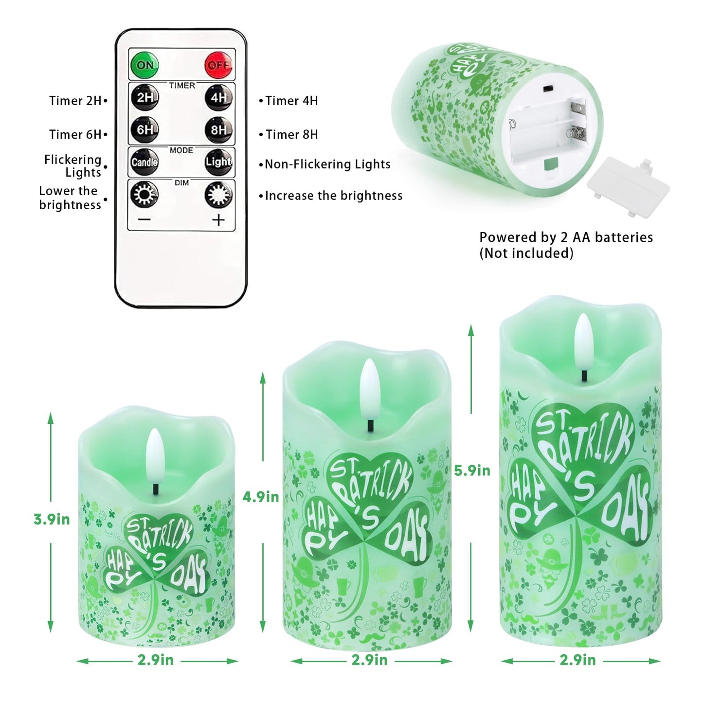 Flameless Candles Lights, Set of 3 Flickering St. Patrick's Day Pillar Candles with Remote & Timer, Dimmable Real Wax Shamrock LED Candles Battery Operated for Home St. Patrick's Day Decor (Clover)
