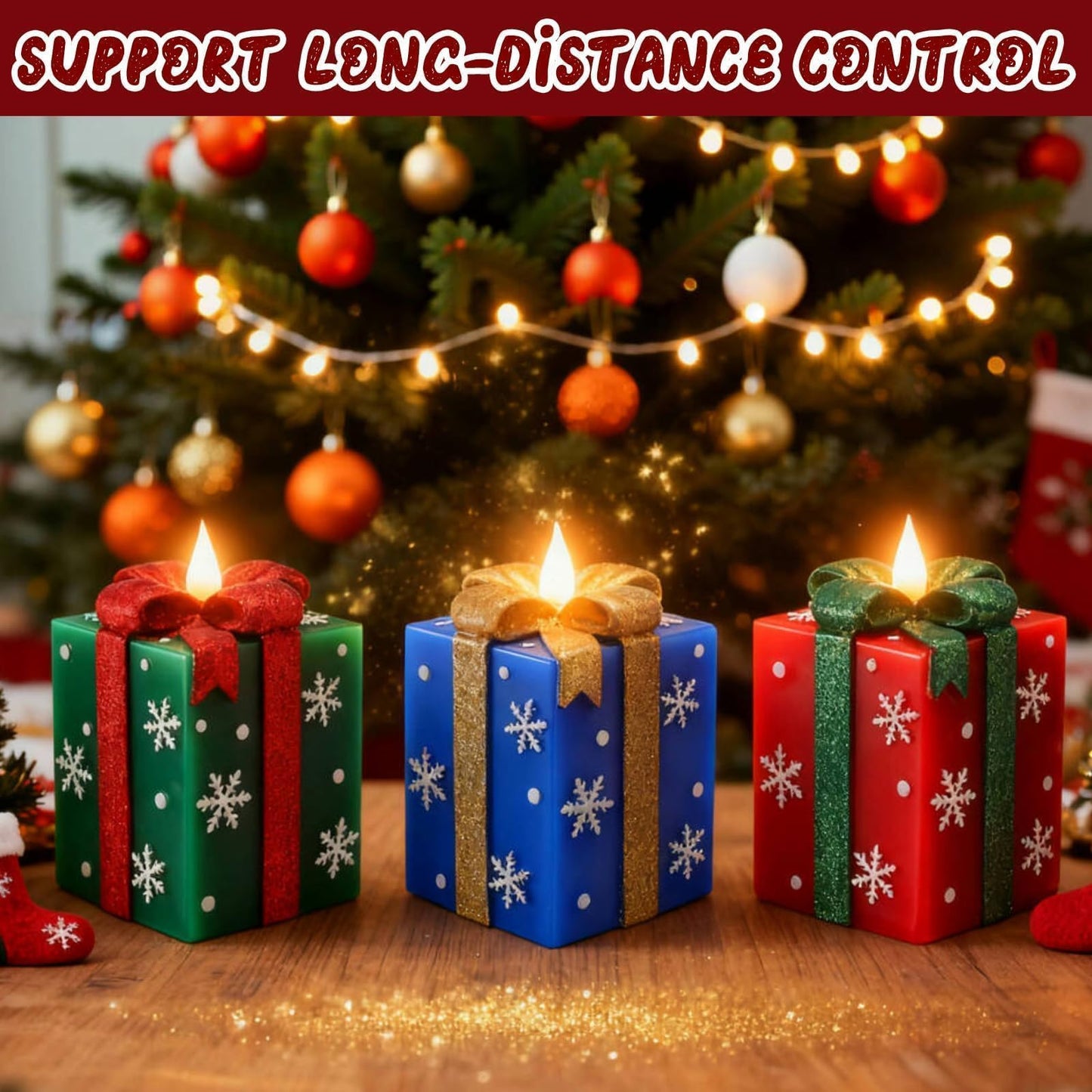 LCZLUMIPRO 3 Pcs Elegant Gift Box Flameless Candles with Remote Timer - Hand-Painted Real Wax LED Candles, Battery Operated for Christmas, Home, Party Decor (Red/Green/Blue)