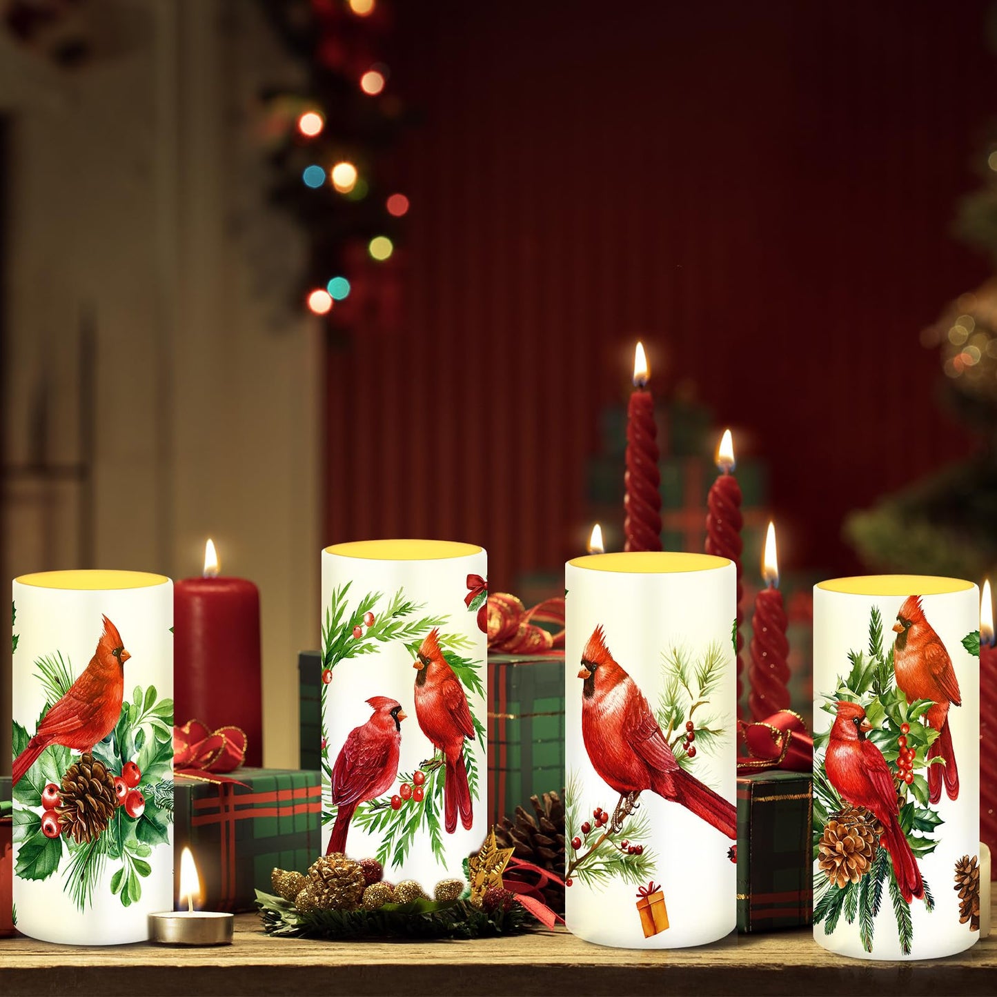 Tiamon 4 Pcs Christmas Red Bird Candles LED Bird Theme Flameless Candles Set LED Warm Light Flickering Xmas Pillar Decor for Holiday Table Decorations