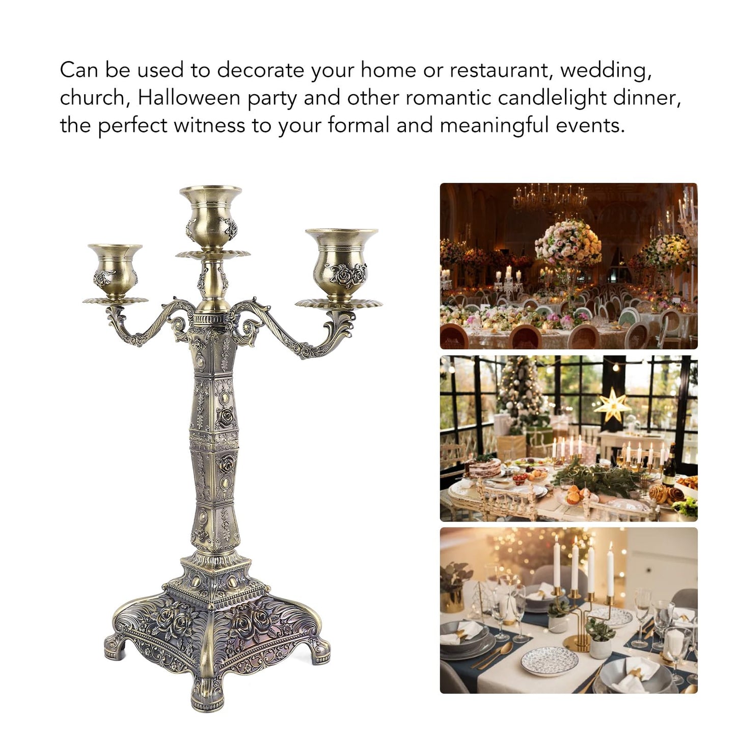 Tyenaza Metal Candelabra, European Style Retro Candlestick Holder Romantic Candle Holder Decoration Elegant Candle Stand for Wedding Dining Table Christmas Party Home Decoration (Bronze - 3 Heads)