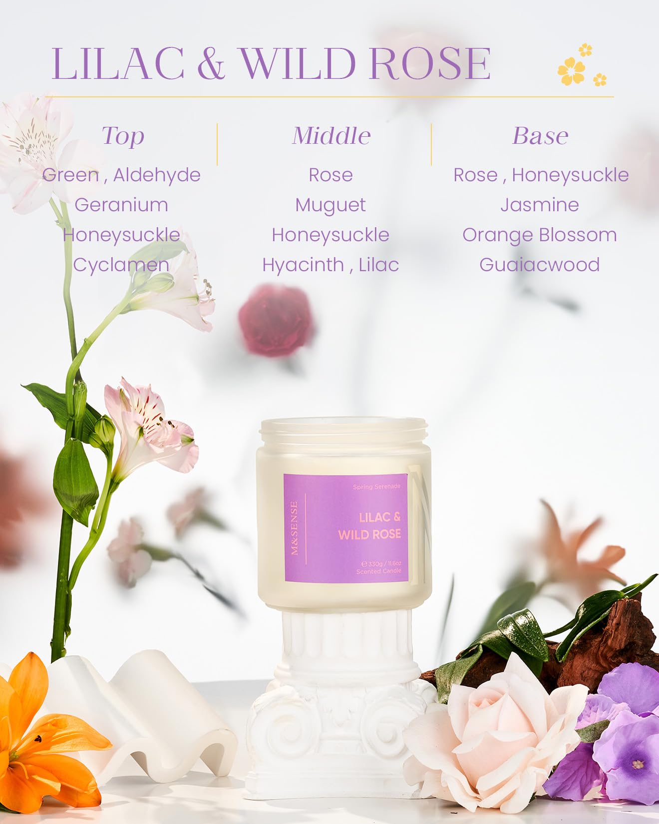 M&SENSE Lilac Wild Rose Scented Candle, 11.6oz 70-Hour Burn, 2-Wick Non-Toxic Natural Soy, Aromatherapy for Home, Gift for Women & Mom for Easter & Spring Refresh