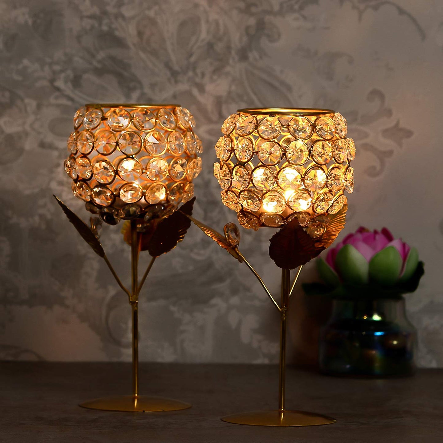 WebelKart New Premium Crystal Rose Brass Candle Holder for Decoration -Candle Stand for Diwali - Diwali Candle Holder (Model-1)