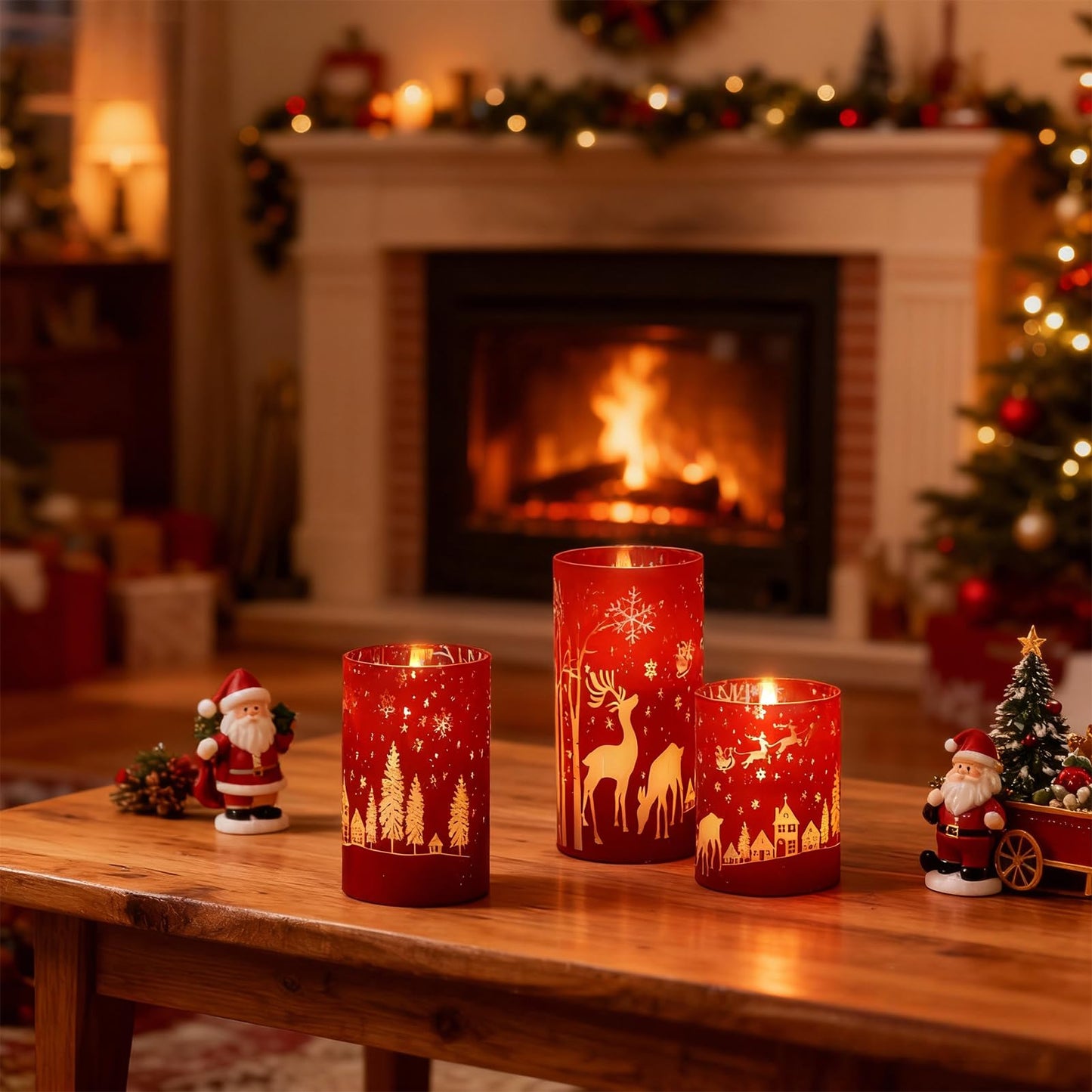 DRomance Christmas Flameless Candles Battery Operated with 10-Key Remote and Timer 3D Wick Flickering Electroplating Glass Reindeer LED Candles Indoor Holiday Decorations(Red, 3" D x 4", 5", 6" H)