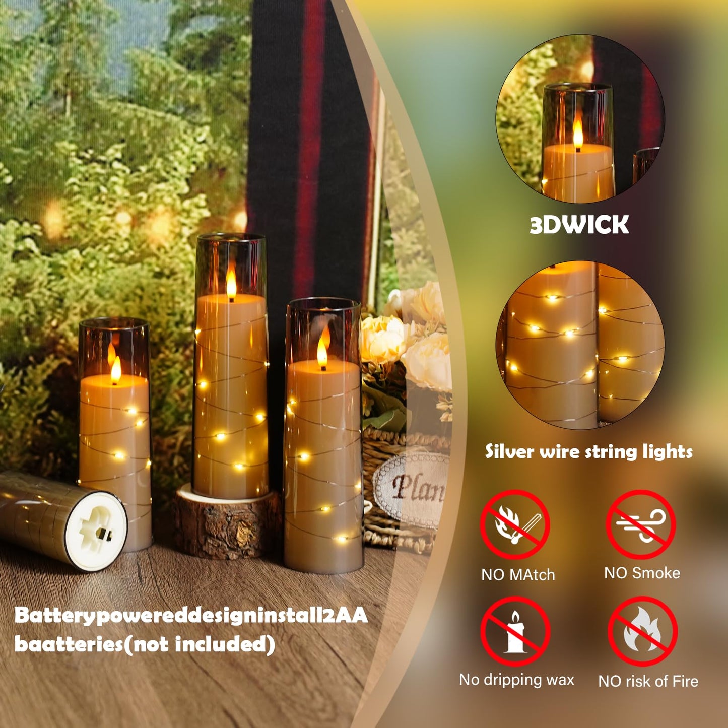 Sasigeiaa Flameless Candles with Embedded Star String - Battery Operated LED Candles, with Remote,12 Grey Flickering Candles for Christmas, Weddings, Home Decor & Party,(D 2.3"×H 5" 6" 7")