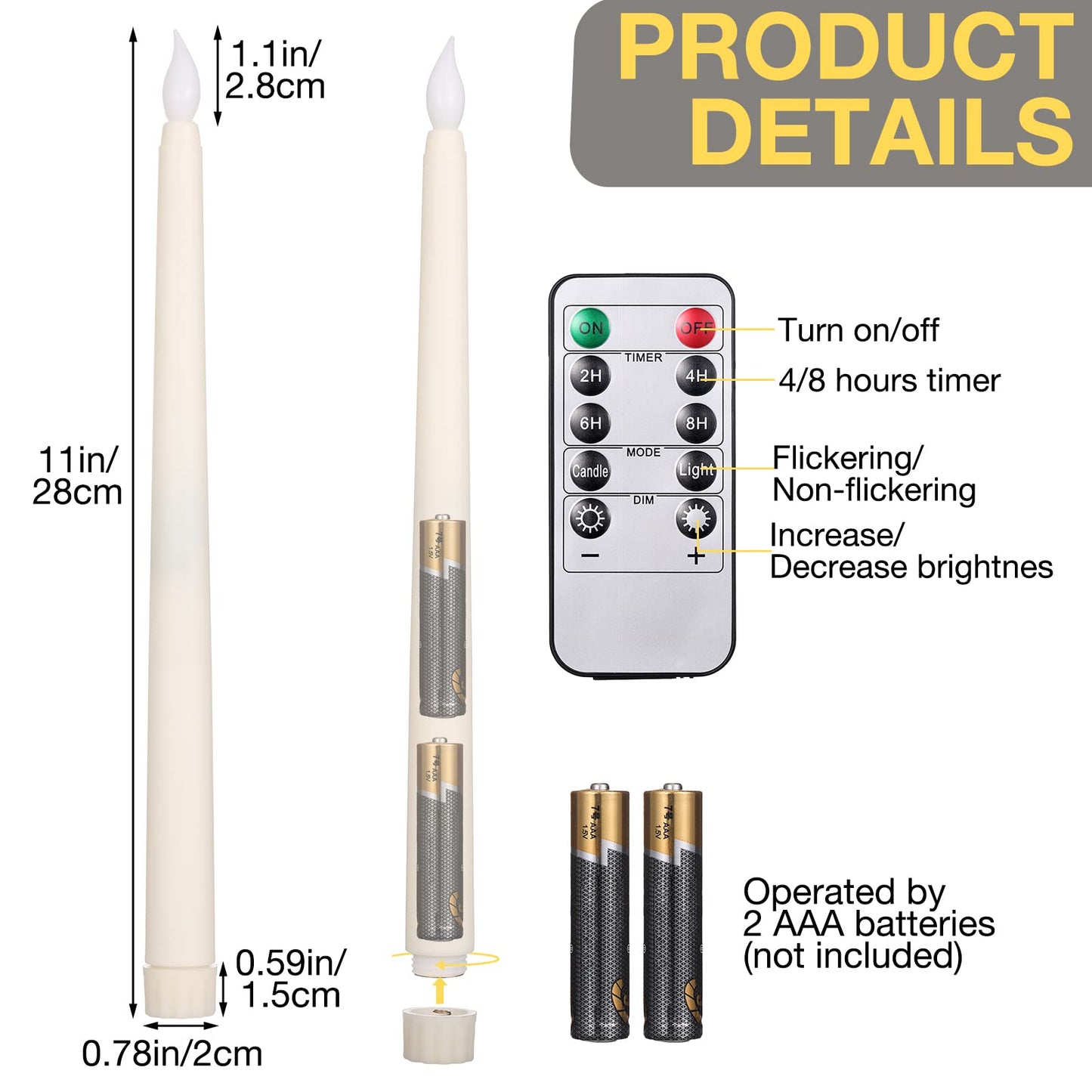 Tuanse 24 Pack Flameless Flicker Taper Candles Bulk with Remote and Timer, Battery Operated LED Warm White Taper Candles Light for Home Wedding Decoration Gifts (Beige,11 Inch)