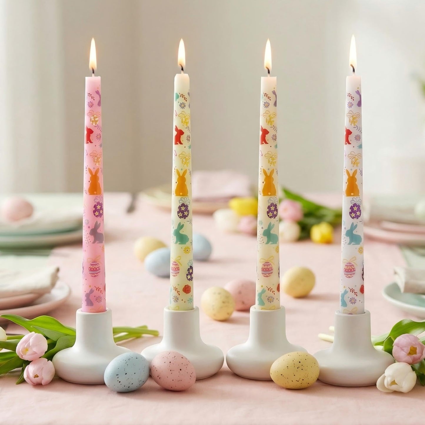FYBW 4 Pack Easter Printed Taper Candles, 10" Long Decorative Candles with Spring Bunny & Egg Design Decorative Candles for Easter Table & Home Decor