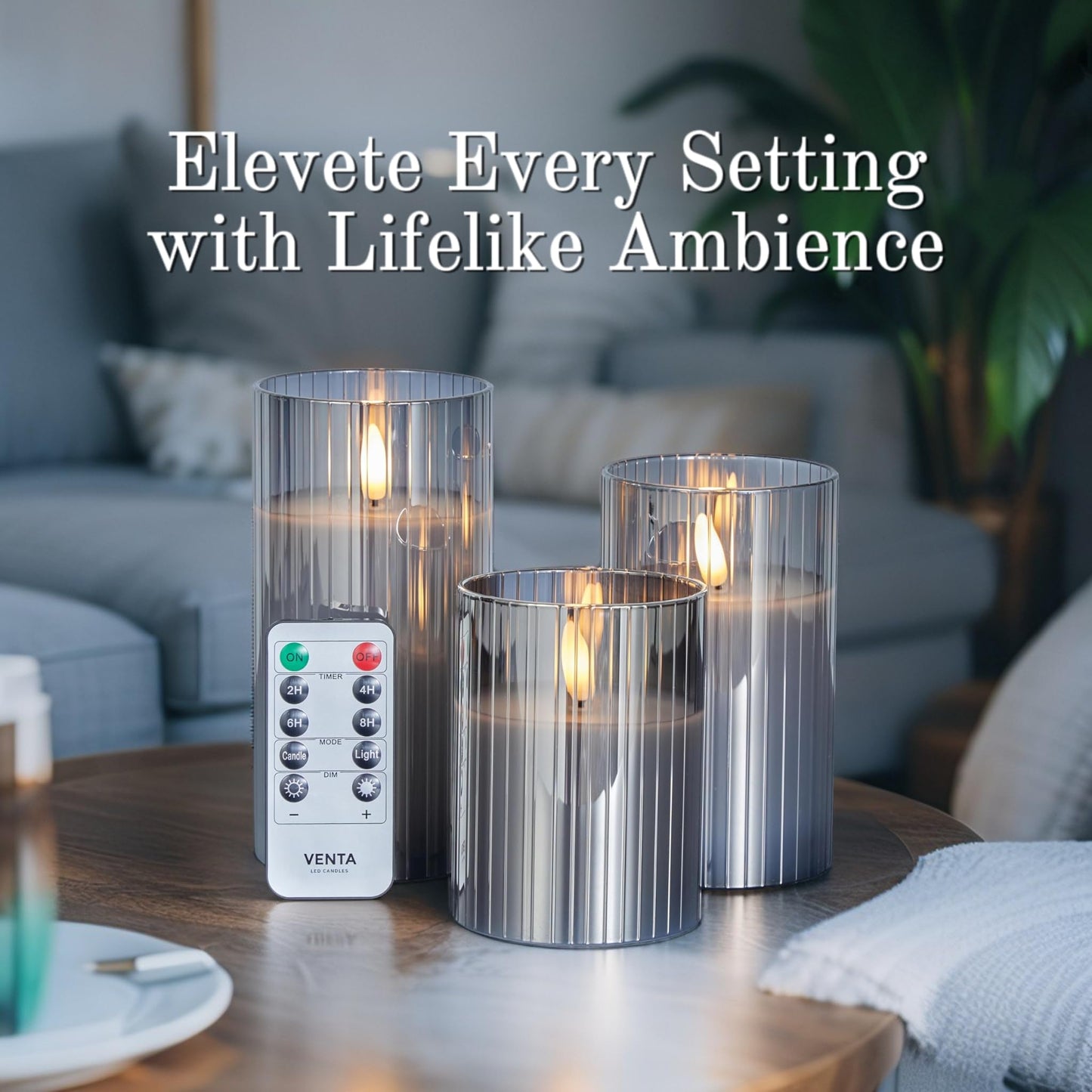 VENTA Flickering Flameless Candles With Remote Control - Led Candles Battery Operated - Battery Operated Candle For Decoration Table, Timer & Dimmer Features, Set - 3Pcs (4",5",6") (Grey Ribbed Glass)