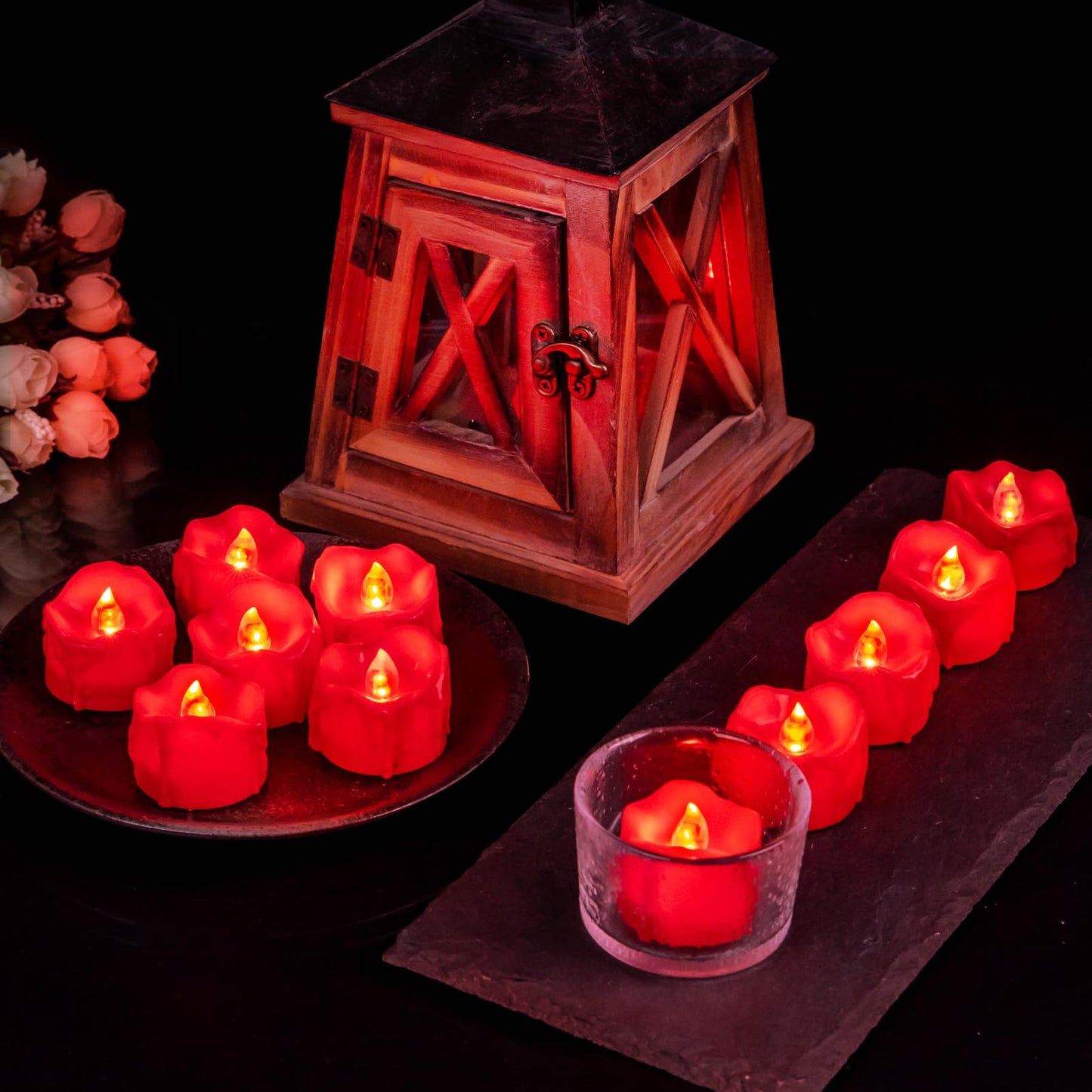Windshell Red Flickering Flame Tealight Candles with 6H Timer (No Remote), Battery Operated Flameless Tea Lights with Melting Design, for Valentine's Day Christmas Wedding Party, 12 Pack