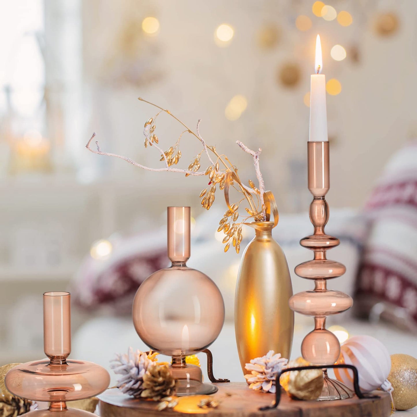 Rtteri 3 Pcs Glass Candlestick Holders Glass Candle Holders Groovy Wavy Elegant Taper Candle Stick for Wedding Home Birthday Party Easter St Patricks Day Decoration Windowsill Decor(Light Brown)