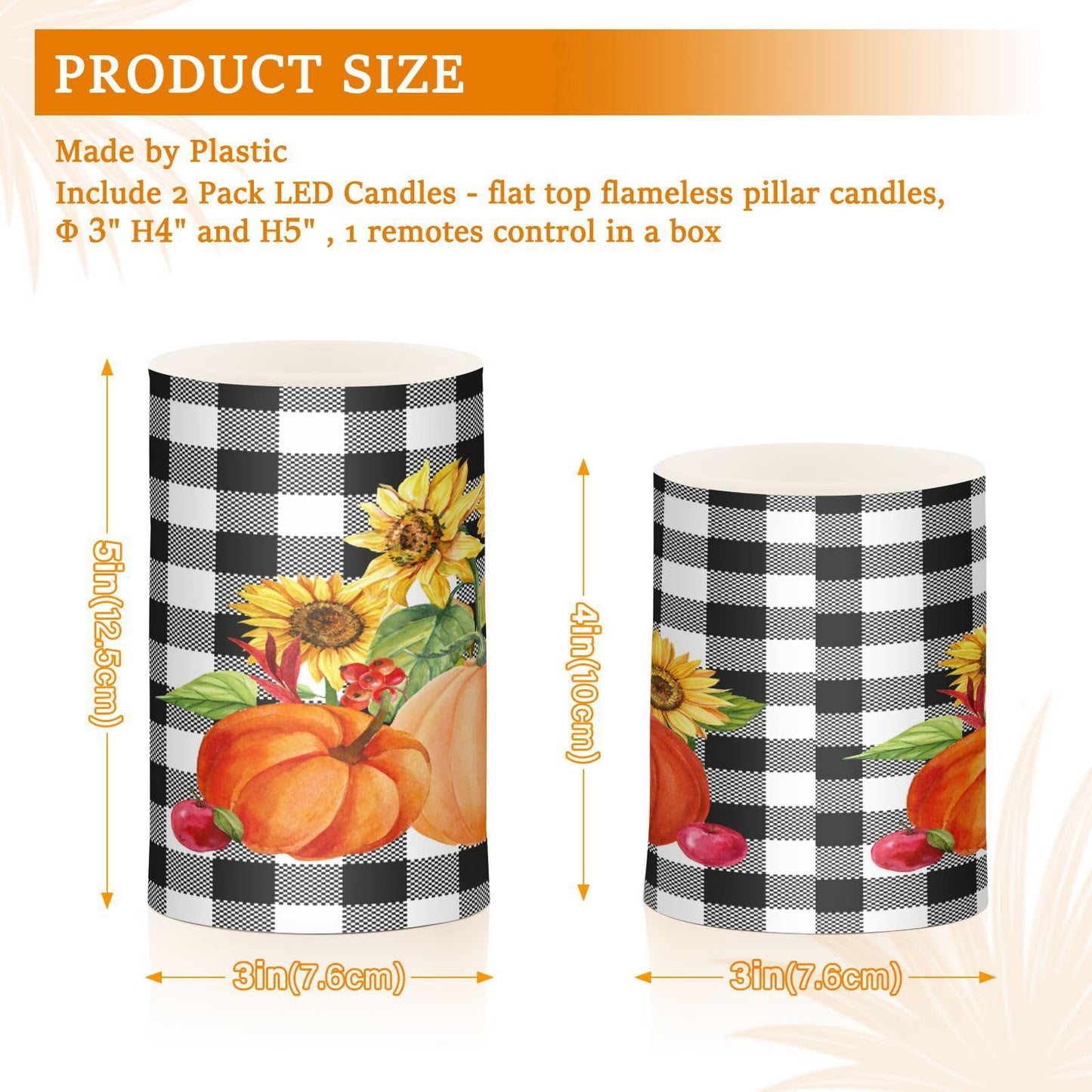 Eionryn Autumn Pumpkins Fall Sunflower Flameless Candles Black and White Buffalo Plaid Battery Operated LED Candles with Remote Timer Electric Candles for Home Party Decor 2pcs